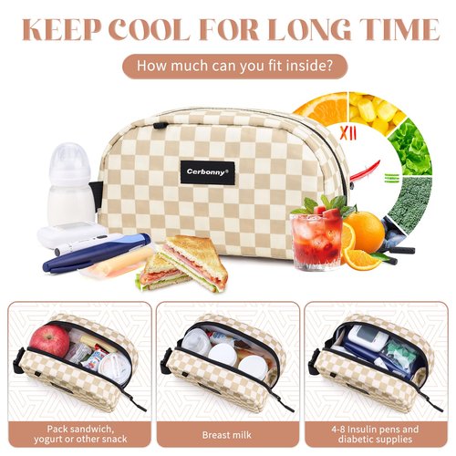 Cerbonny Reusable Lunch Bag, Khaki Checkerboard, 2.5L, Insulated, Leak Proof, Zipper Closure, 2 Compartments, Perfect for Picnic, Work, School, Travel