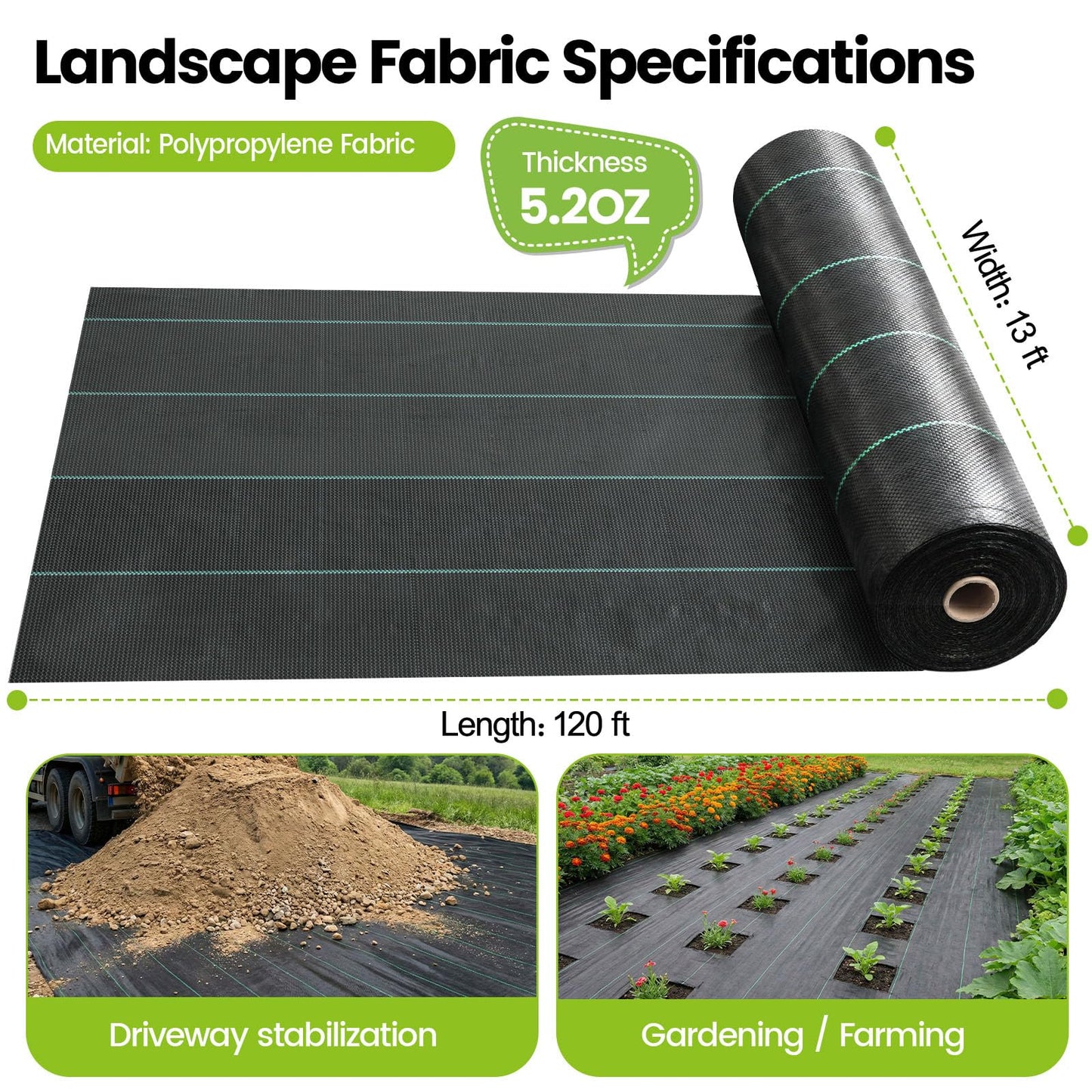 13x120ft Driveway Fabric, 5.2OZ Commercial Weed Barrier Fabric Heavy Duty Landscape Fabric, Weed Fabric, Weed Blocker Fabric for Garden Weed Barrier, Road Fabric Construction Project, Erosion Control