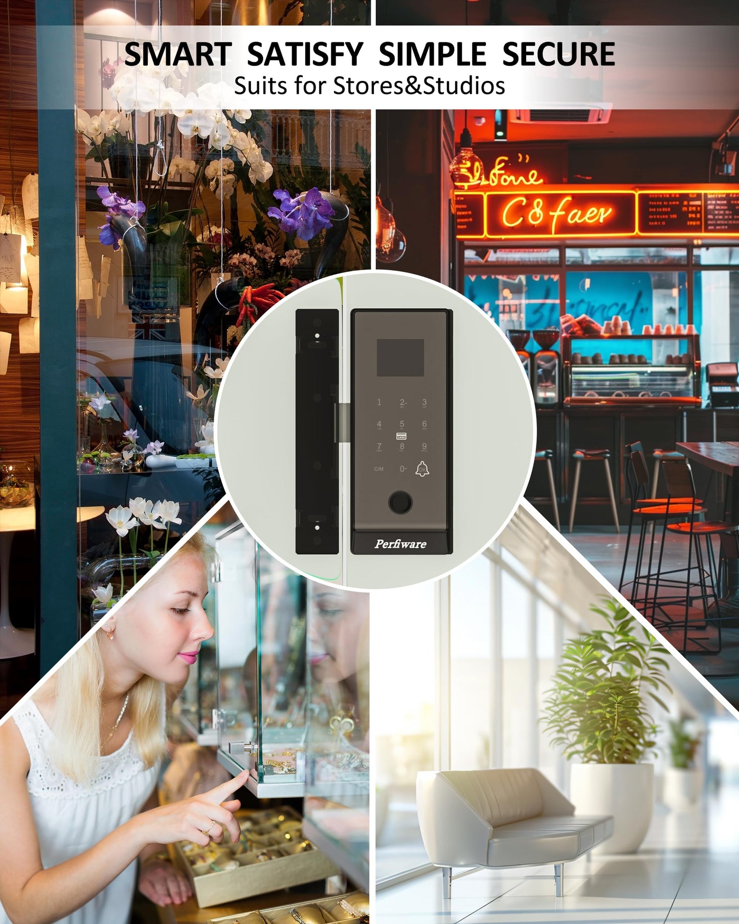 Perfiware Sliding Glass Door Lock LG75TY with APP,Smart Fingerprint Keypad Pin Screen Sliding Door Locks,Keyless Safety Lock for Sliding Door,Great for Office,Hotel,Apartment,Patio,Barn,Front Door