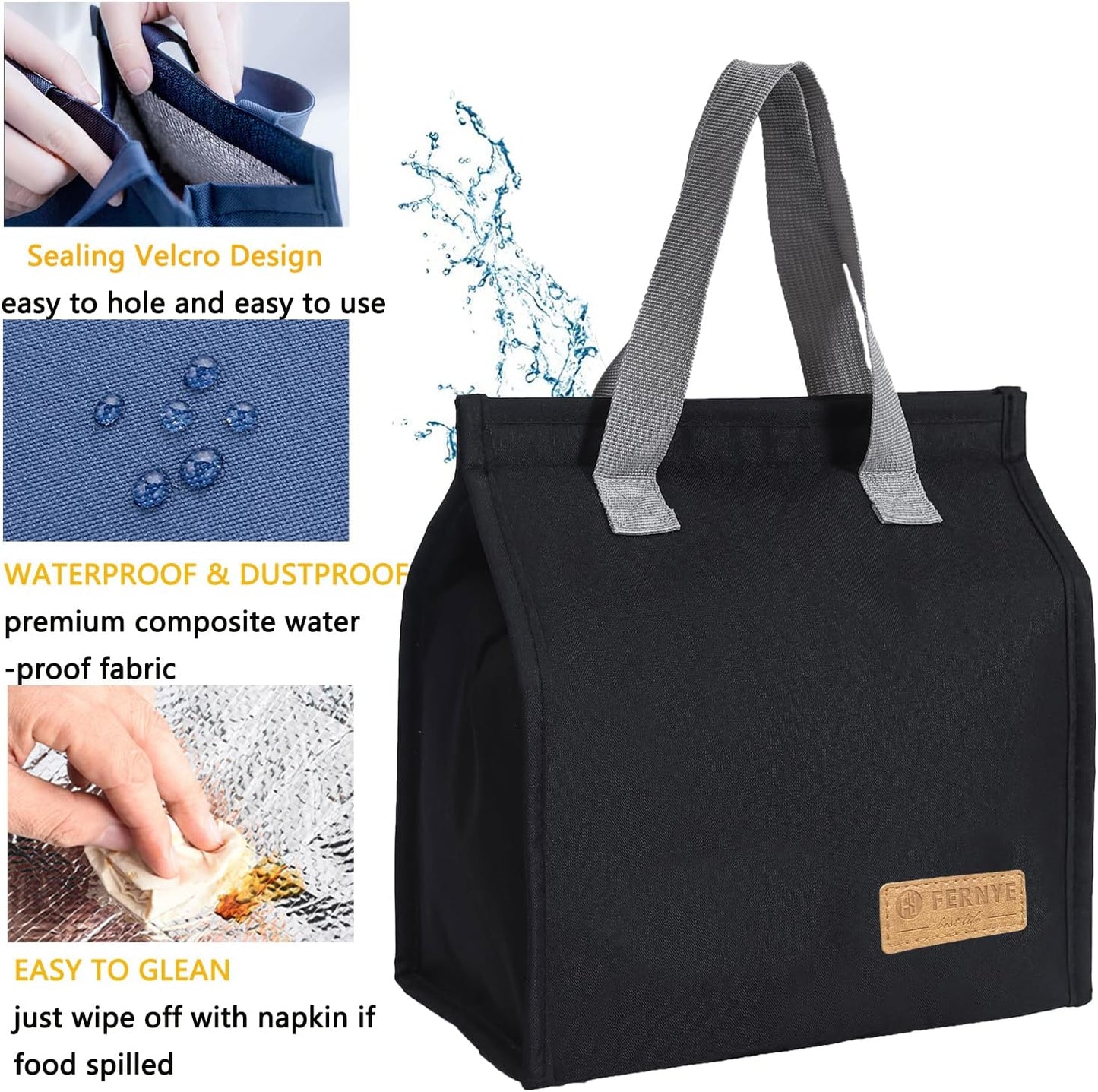 Skiennix Waterproof Lunch Bag - Reusable Portable Tote for Work, Travel & Picnics | Light Black