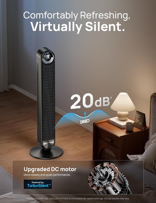 DREO Tower Fan - Ultra-Quiet Bladeless Design with 9 Speeds & 90° Oscillation | Perfect for Bedroom & Home Office