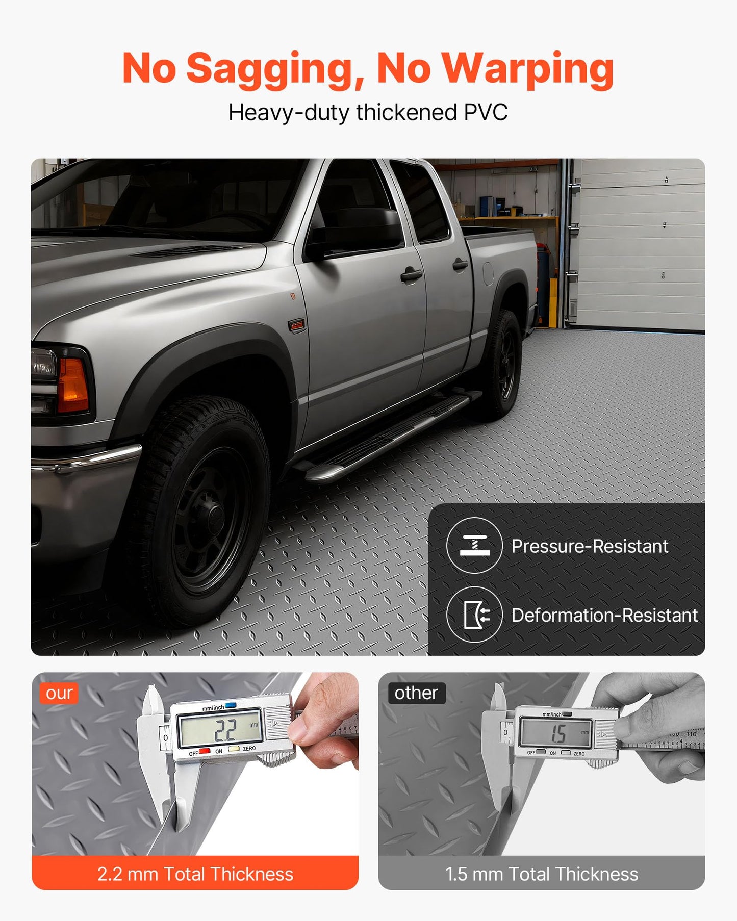 VEVOR Garage Floor Roll, 7.5 x 17 ft Garage Flooring Mat, 2.2 mm Thickened PVC Diamond Plate Floor Protector Mat with Double-Sided Tape, Non-Slip, Easy to Clean for Warehouse, Gyms,Silver Gray