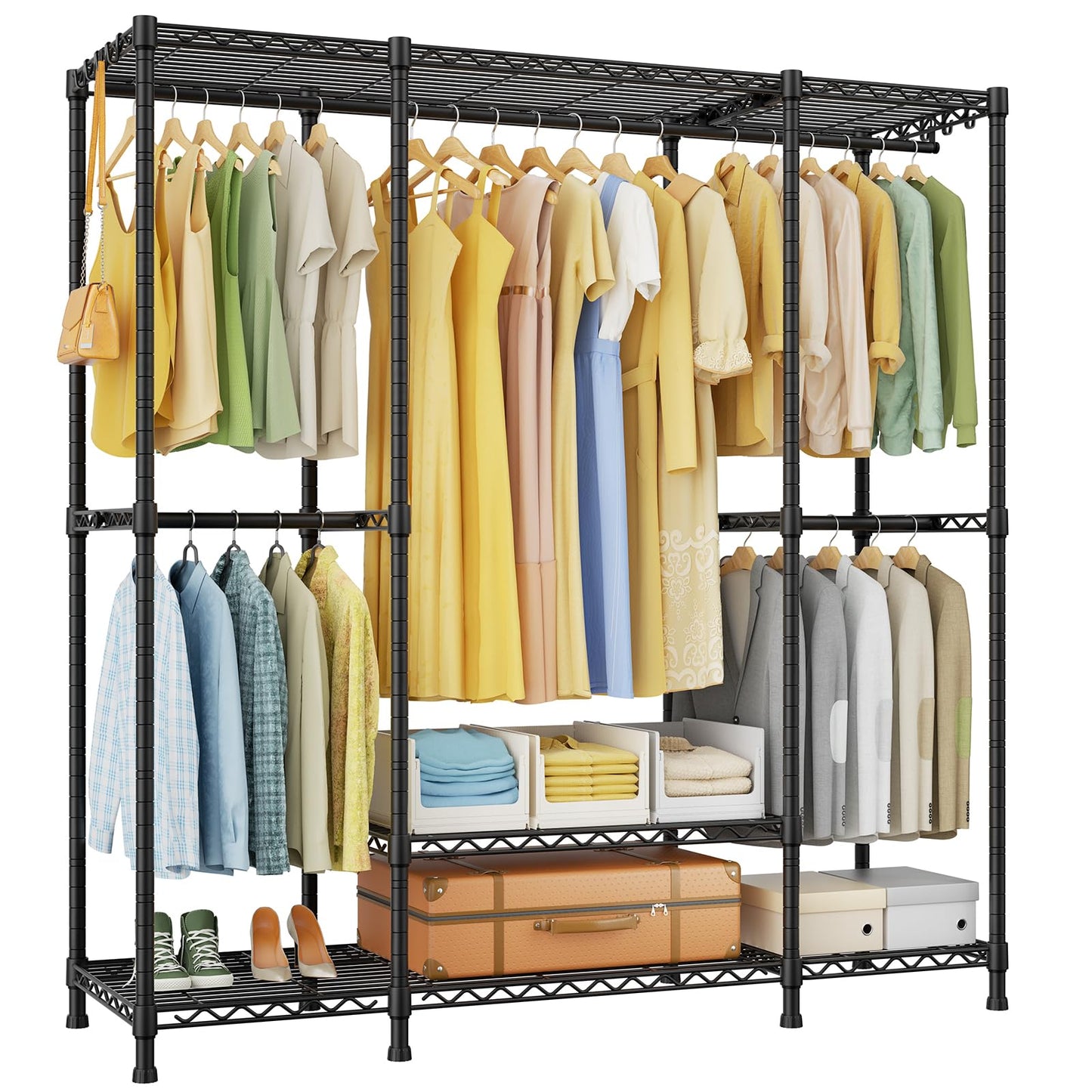 Ulif E3 Heavy Duty Garment Rack, 4 Tiers Freestanding Closet Organizer System with 5 Shelves, Metal Closet Organizer and Storage System for Clothes, Max Load 850lbs, 58.4"W x 15.7"D x 77.3"H, Black