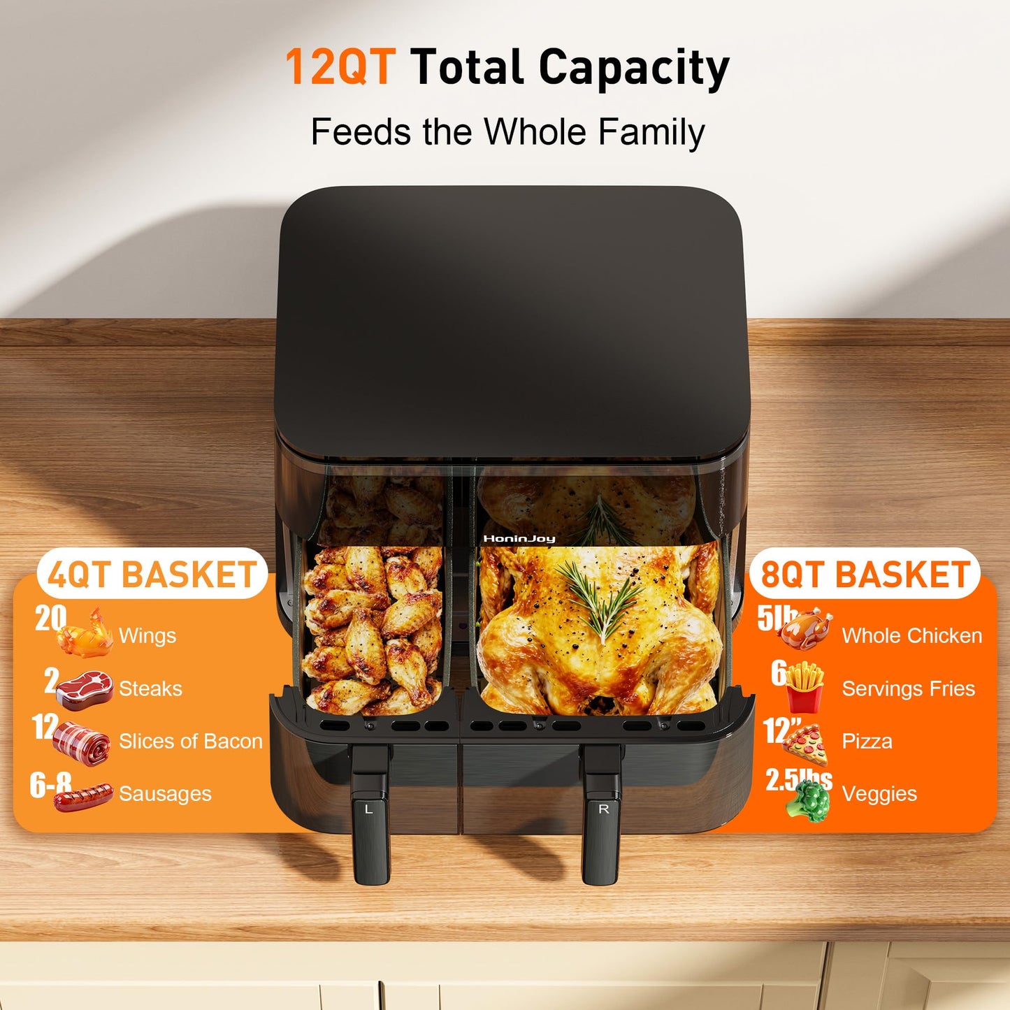 HoninJoy 12QT Large Air Fryer with Dual Basket (4QT+8QT), 13-in-1 Digital Touchscreen Double Zone Air Fryers with 50pcs Paper Liners, Sync & Dual, for Bake, Roast, Shake Reminder, Dishwasher Safe