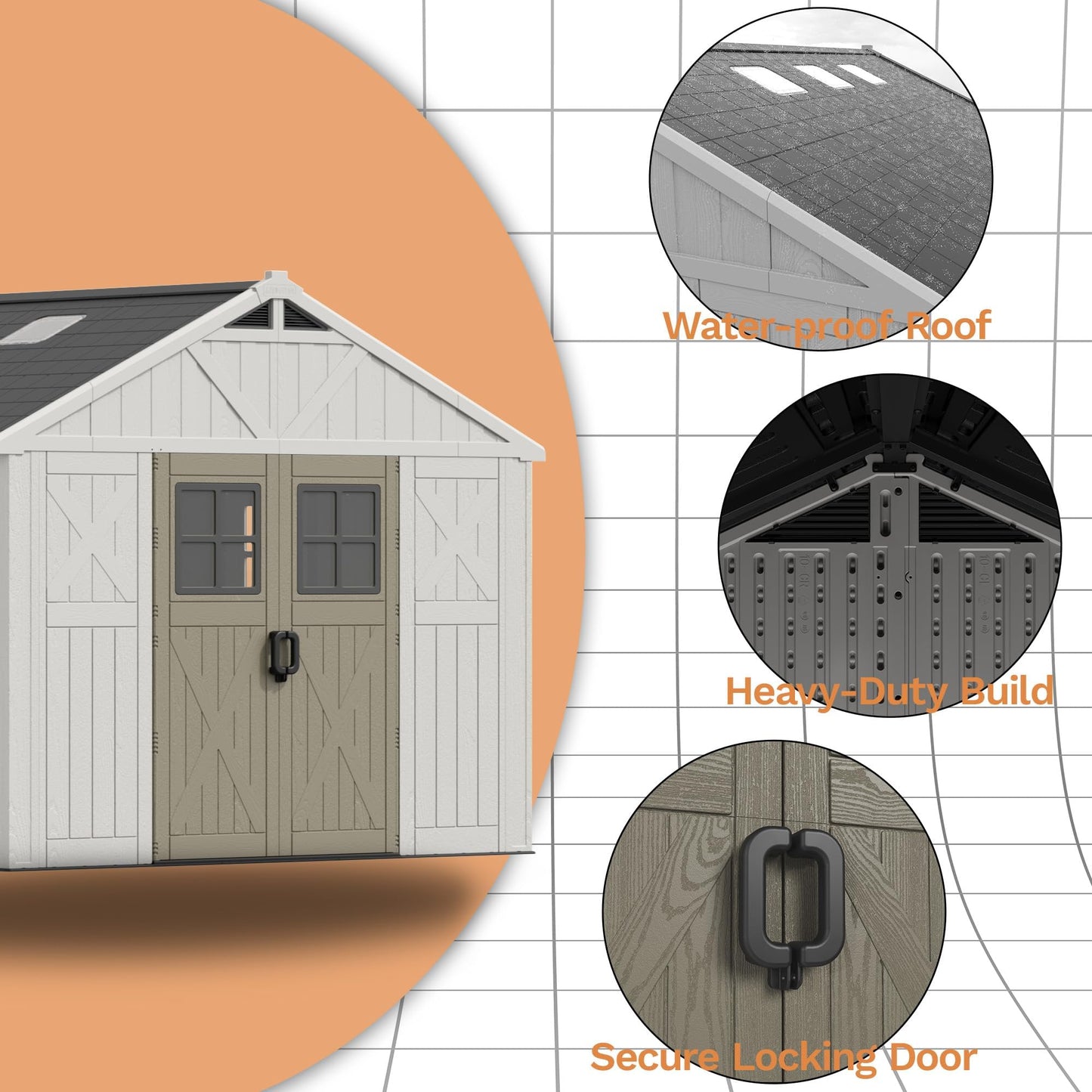 Devoko 10x12 FT Resin Outdoor Storage Shed with Floor, Large Plastic Garden Shed with Windows & Lockable Door, Multipurpose Tool Storage Shed for Patio Backyard Lawn, Beige