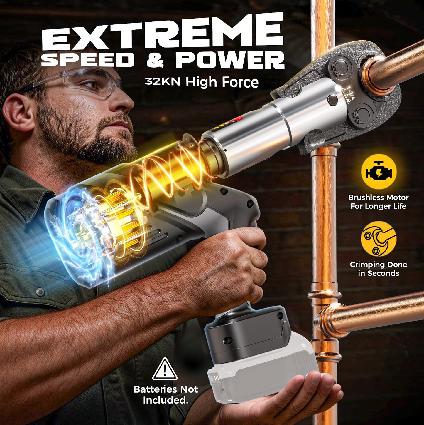 Ecarke Pro Press Tool Compatible with DeWalt 20V battery, Electric Pipe Crimping Tool for 1/2" to 2" Copper Pipes, 360° Rotation Automatic Crimper with Brushless Motor, Tool Only