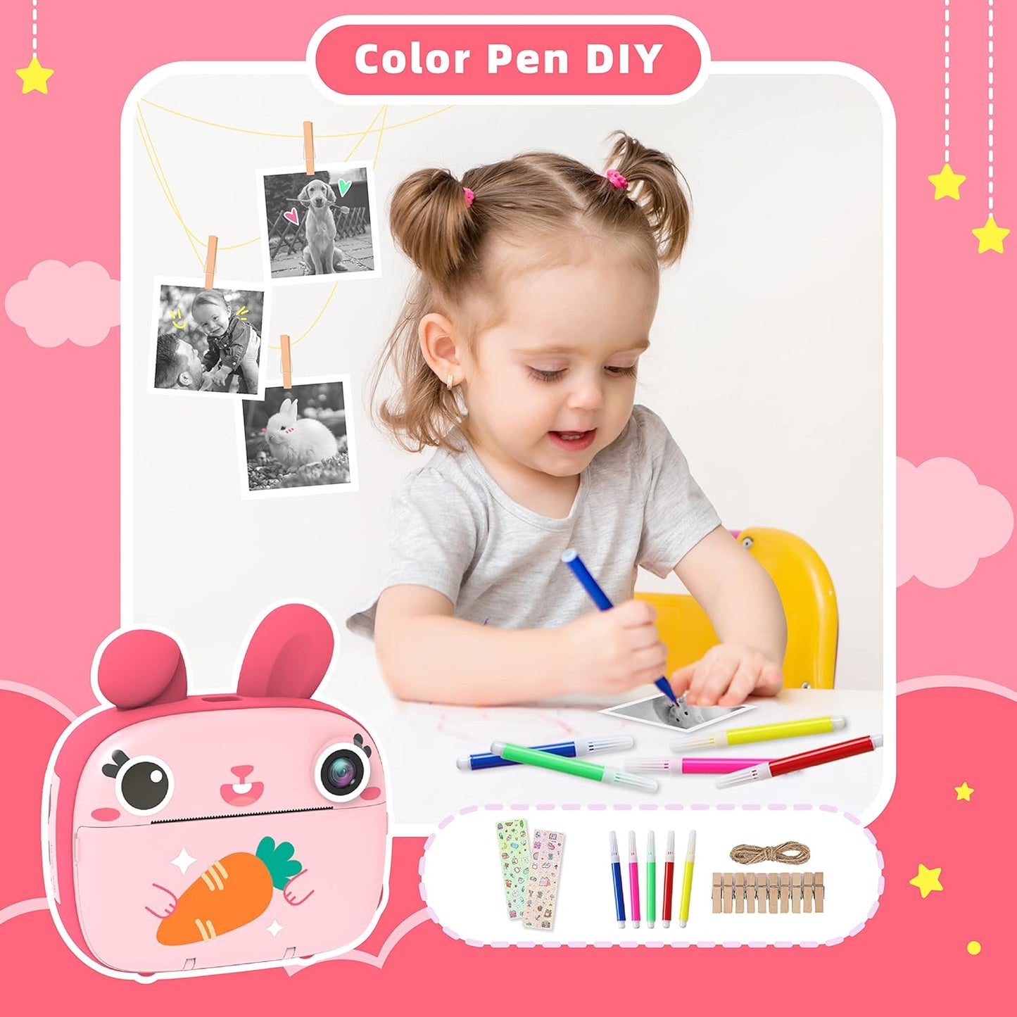 CAMCLID 2.5K 32GB 1080P 3-12 Kids Instant Camera - Instant Print Camera with No Ink, Card, Selfie & Video, Pink Toy
