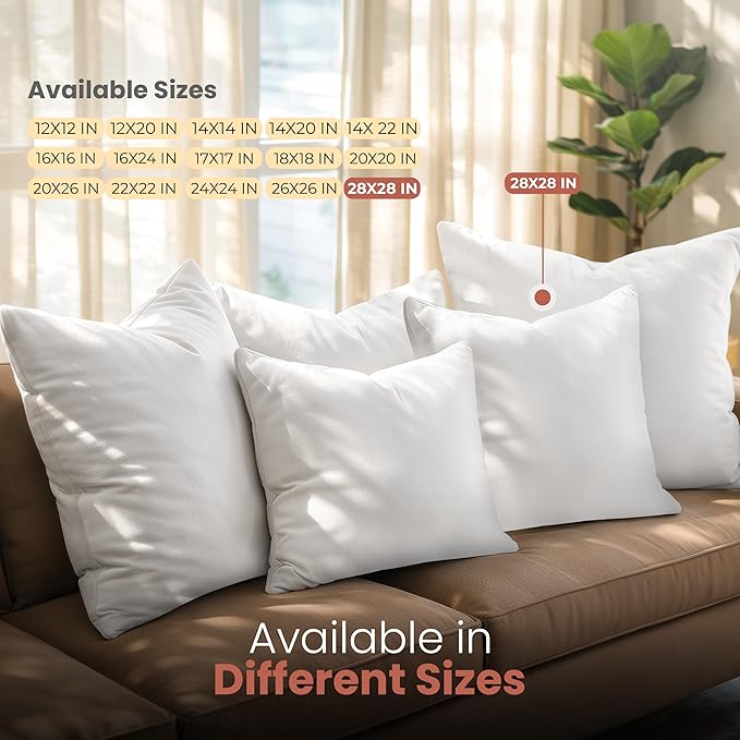 Utopia Bedding 28x28 Pillow Inserts, Set of 2, White – Indoor Decorative Throw Pillows for Bed, Sofa & Couch – Soft, Supportive & Fluffy Cushion Inserts