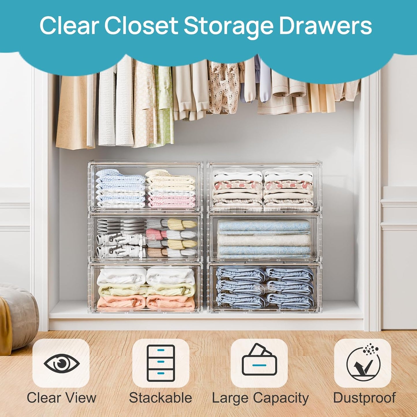 Vtopmart Large Clear Stackable Storage Drawers - 27QT Plastic Closet Bins | Dust-Proof Underbed Organizer for Clothing
