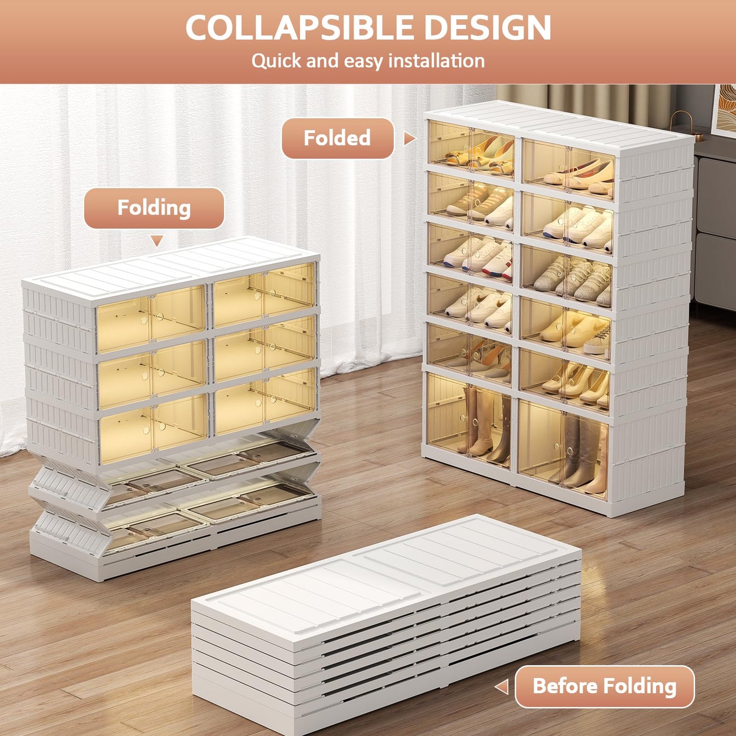 SYNCVIBE Shoe Rack Organizer for Closet Entryway Foldable Sneaker Storage Shoe, Collapsible Shoe Cabinet, Stackable Shoe Storage Cabinet with Lids for Living Room (6 Tiers 24 Pairs)