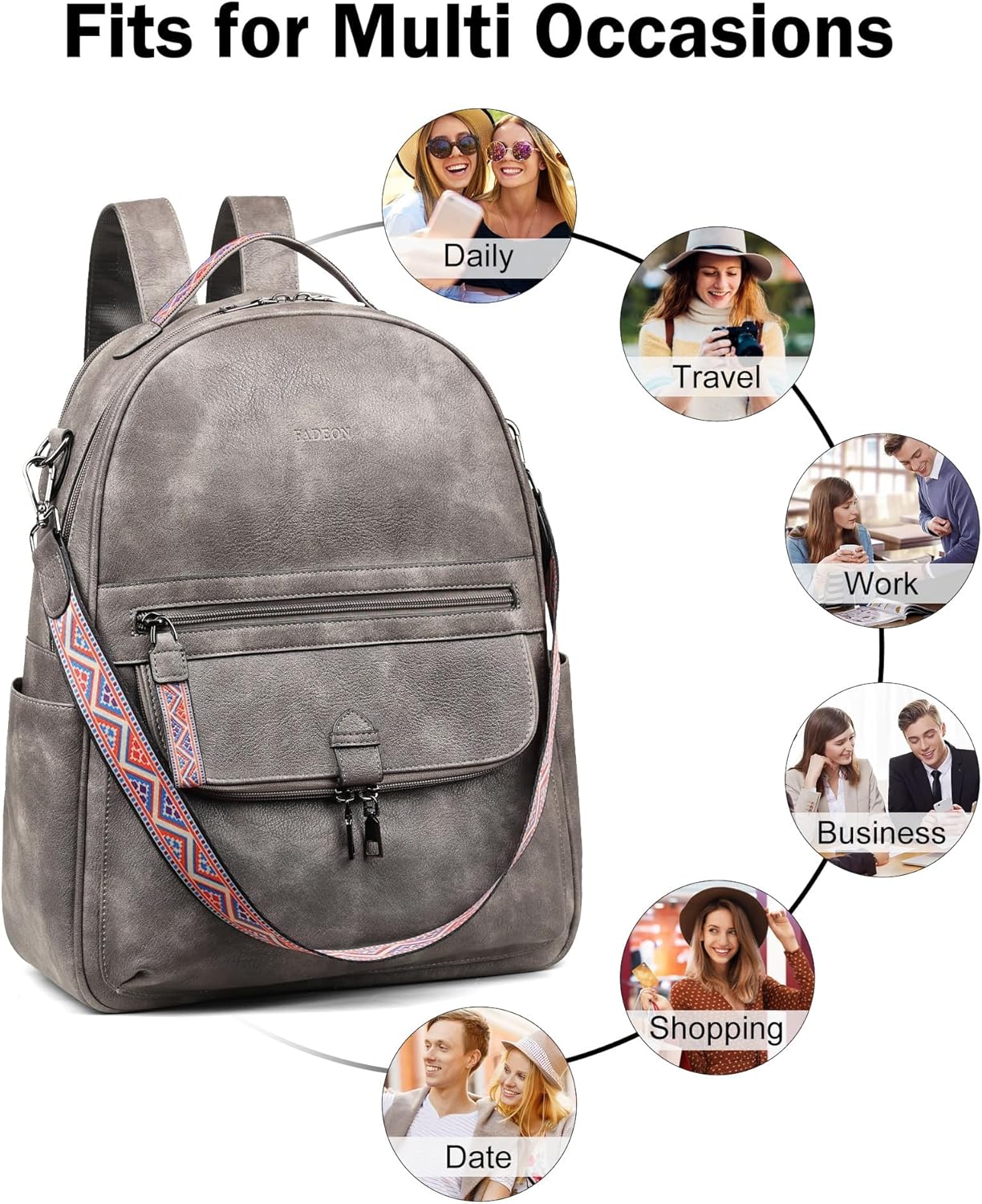 Backpack Backpack FADEON Leather Laptop Purse for Women, Designer Travel PU with Laptop Compartment for Work Grey