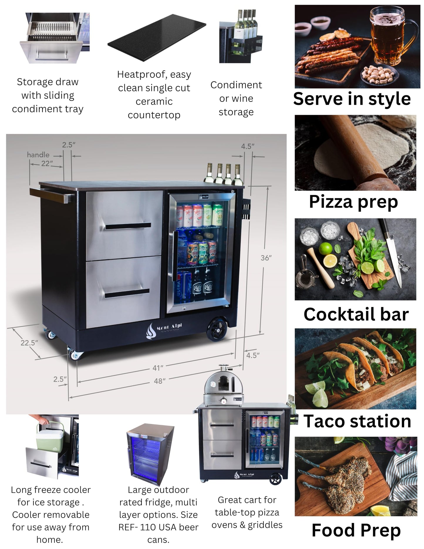Mont Alpi Outdoor Prep Bar Cart with Ceramic Top, Wine Holder, Stainless Steel Cabinets, MAF Refrigerator & Portable Countertop Gas Pizza Oven Combo - 41"