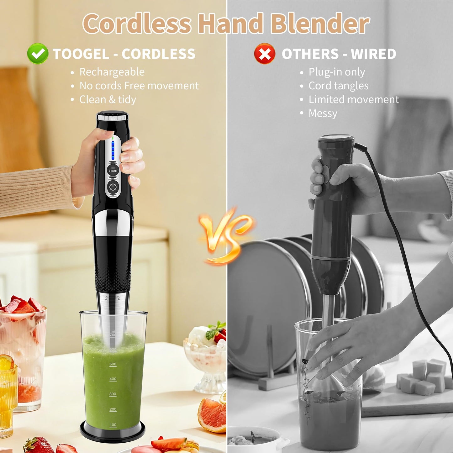 Toogel Cordless Immersion Blender, 3-in-1 Electric Hand Blender with 21-Speed & 3-Angle Adjust, USB Rechargeable, BPA-Free & Dishwasher Safe for Baby Food, Smoothies, Soup (Black)