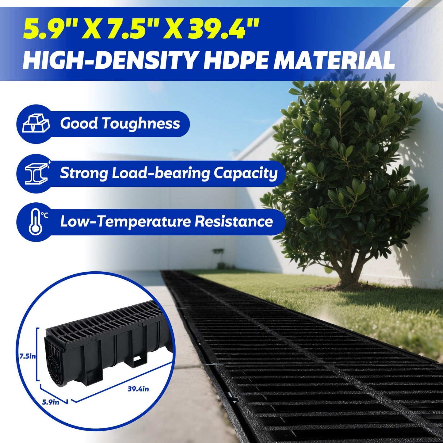 Dollate Trench Drain System 5 Pack of 5.9x7.5 Inch HDPE Drainage Trench with 5x39 Drain Grate Ideal for Garden, Driveway Easy Install & Durable Drainage Channel