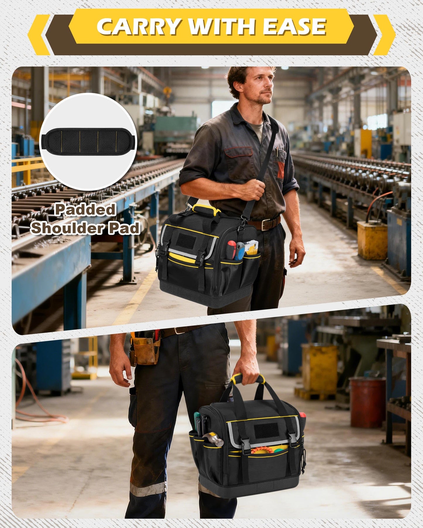 Trahzia 12-Inch Tool Bag with Hard Bottom, Electrician Tool Box Organizer with Detachable Divider, Multi-Purpose Work Tote for Mechanics, Carpenters, Plumbers, Black