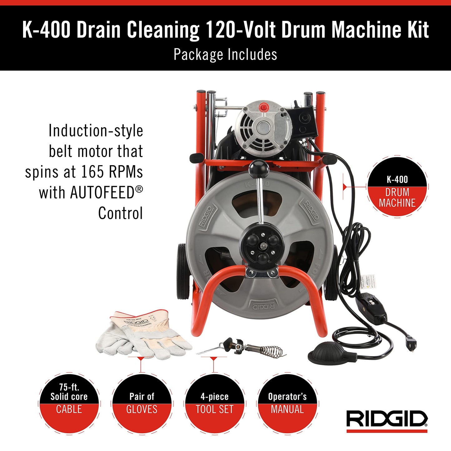 Ridgid 27013 K-400AF 115Volt C45IW Drum Machine with C45 Integral Wound Cable with Autofeed