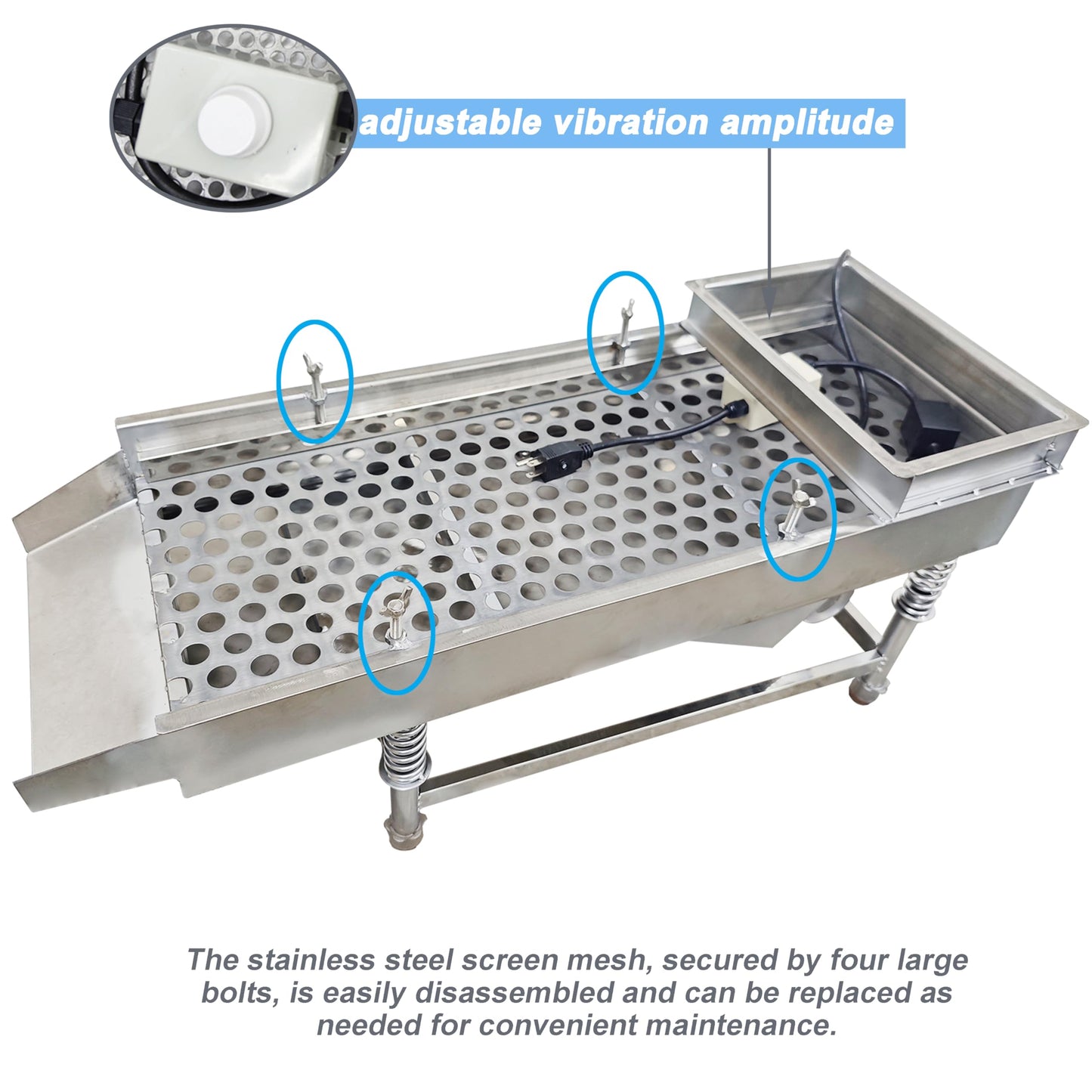 TECHTONGDA Straight Vibrating Sieve Screen Shaker Electric Linear Sifter Machine Stainless Steel One Layer One Motor 20mm Screen Size 11.8×29.5inch 110V