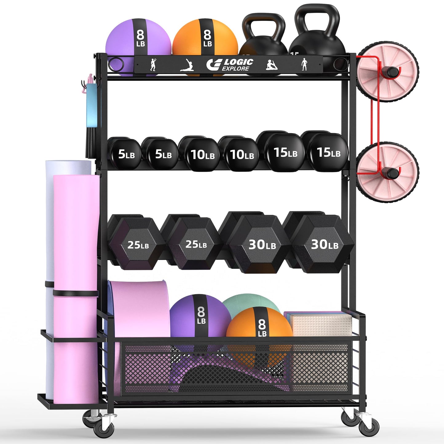 Logicexplore Dumbbell Rack Weight Storage Stand, Adjustable Weight Rack with Wheels, Metal Workout Equipment Storage Organizer, Home Gym Storage Organizer for Dumbbells, Kettlebells, Yoga Mat, Foam Roller