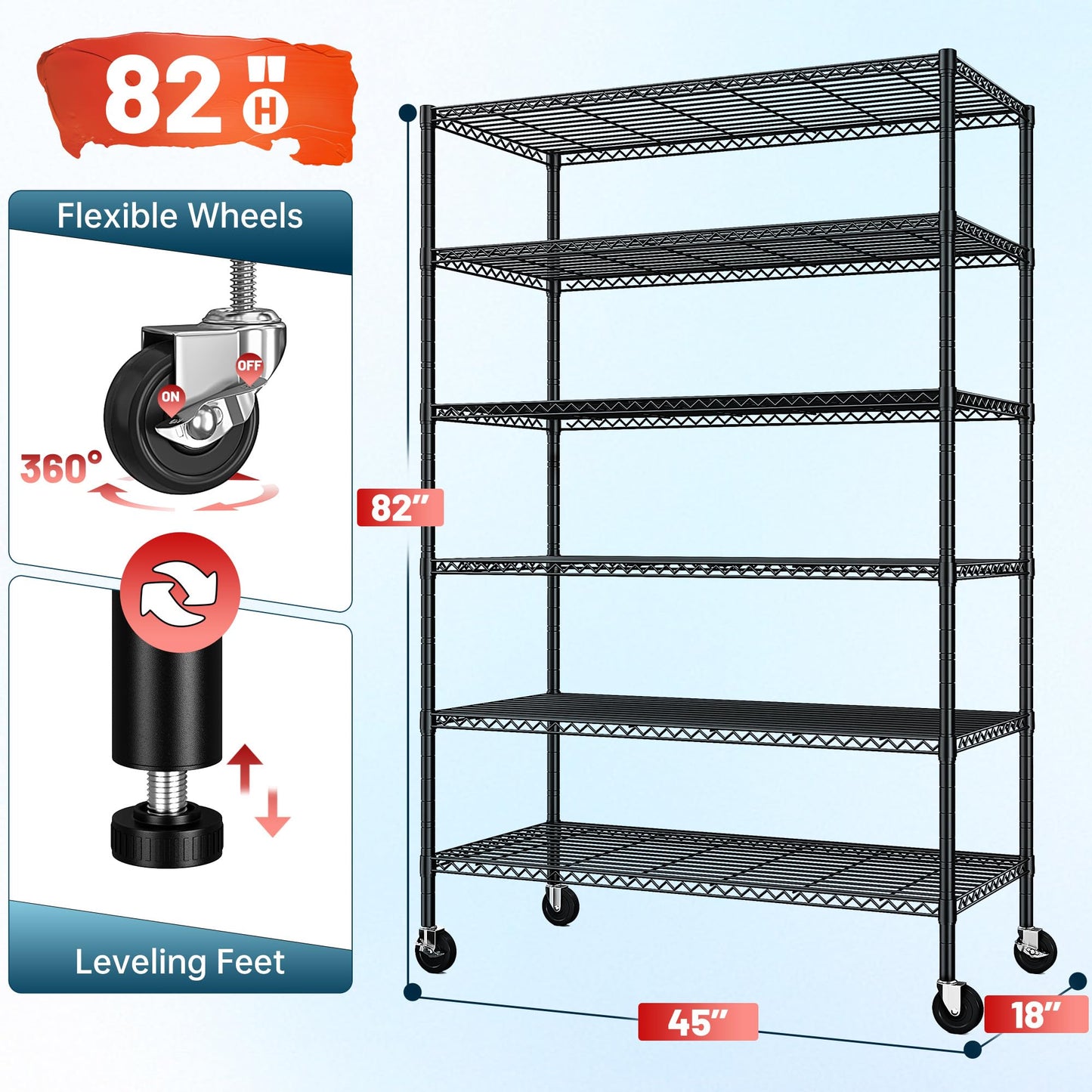 Romorgniz 6-Tier Rolling Storage Shelves, 82" H x 45" W x 18" D Adjustable Wire Shelving Unit with Locking Wheels, Heavy-Duty Metal Rack for Garage, Pantry, Kitchen, Basement – Black