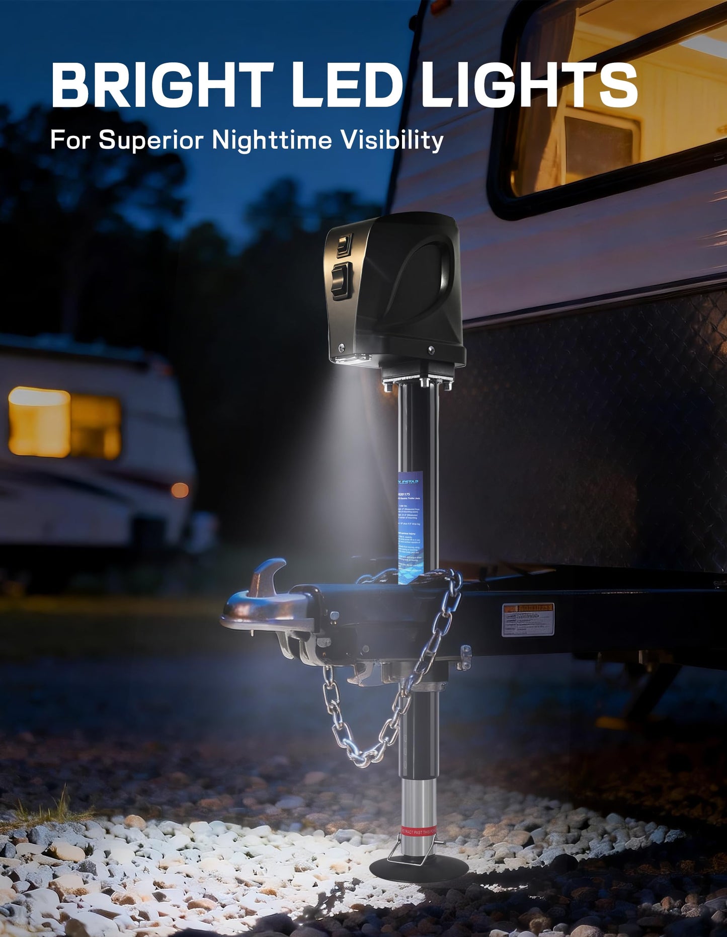 POLESTAR Electric Trailer Jack, 7500lbs Electric Power A-Frame Tongue Jack with Waterproof Protective Cover & LED Light for Travel Trailer Camper, RV, 12V DC 7-Way Plug, 9"-27" Lift
