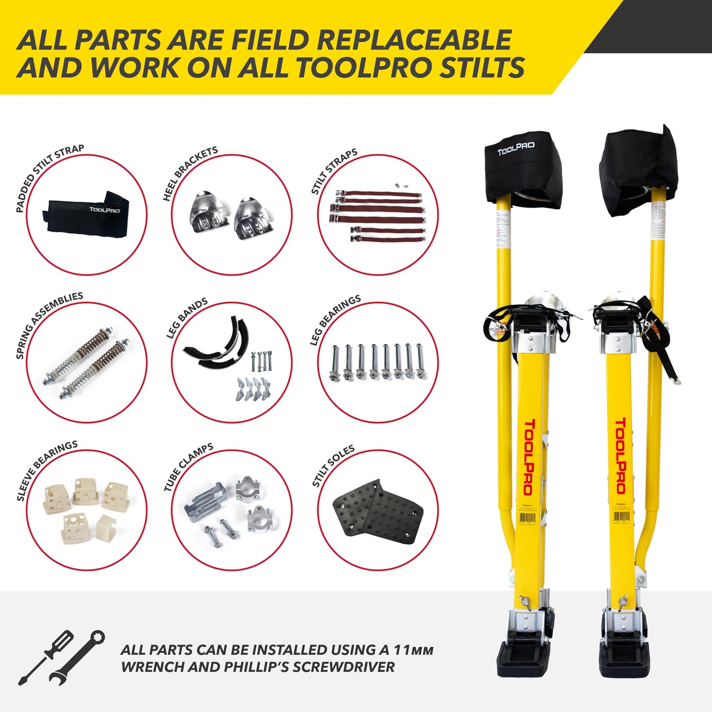 ToolPro Professional Grade Adjustable Drywall Stilts - for Drywall Installation, Painting, and More. Soft Strap Bands to Reduce Soreness and Smoother use (24-40 in., Magnesium)