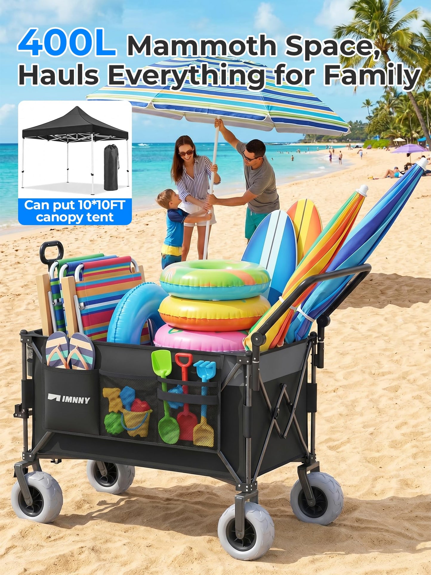 Aimnny 400L Push Pull Beach Wagon, Heavy-Duty Dual-Mode Cart with 9"x4" All-Terrain Wheels & Brakes, Adjustable Handles Collapsible Wagon for Beach,Camping,Grocery & Garden (Black)