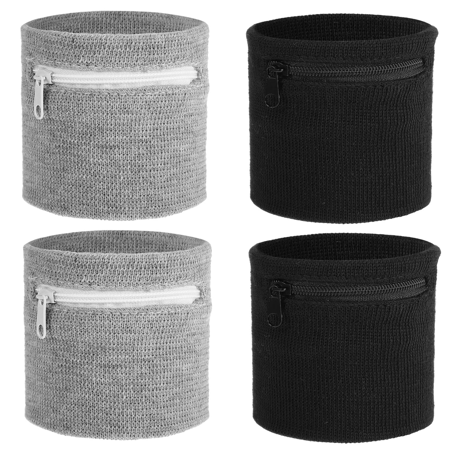 Aphumedc 4 Pcs Wrist Wallet Wrist Sweat Bands with Zipper Breathable Sweat-Wicking Wristband Pouch for Women Men Ankle Wallet Carry Cell Phone Keys Cash for Running Walking - Black & Gray