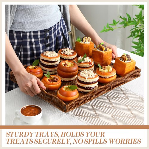 AceOrbit 4 Pcs Large Wicker Serving Tray Scalloped Wicker Rectangle Tray for Foods & Drinks, 16.5" Boho Rattan Decorative Serving Basket with Handle for Coffee Table Breakfast Modern Rustic Home Decor