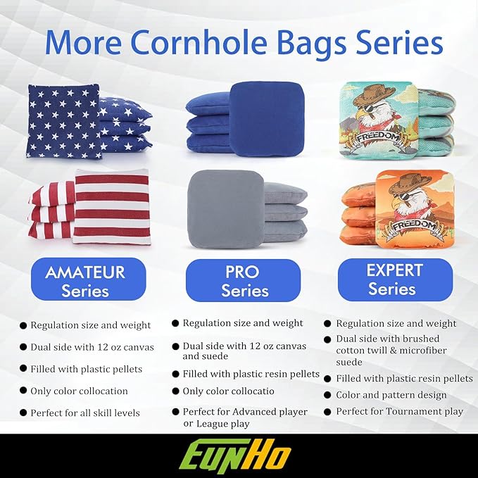 EunHo Dual Sided Cornhole Bags Regulation Set of 8 Professional Cornhole Bean Bags Slick and Stick for Tossing Game-All Weather