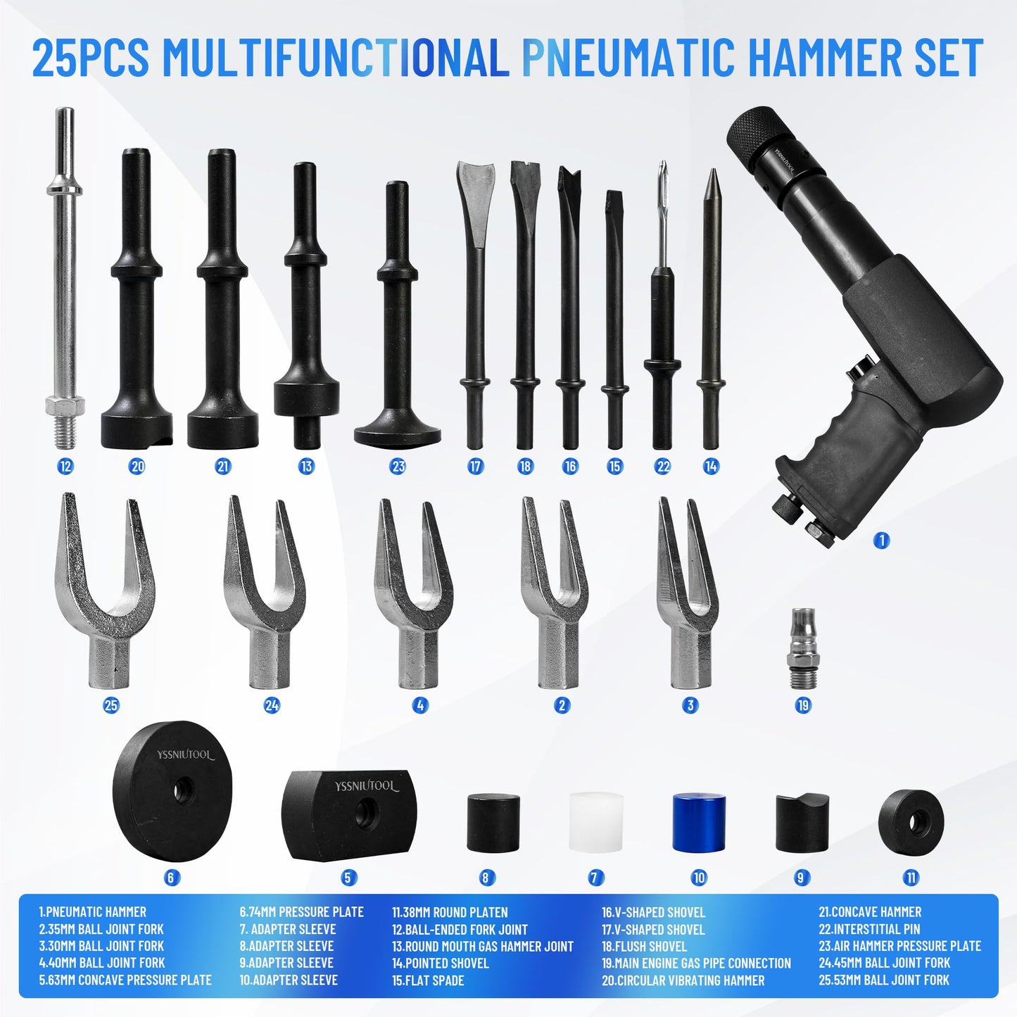 25PCS Multi-functional Pneumatic Hammer Piece Chisel Set, Air Hammer Kit, 2100 BPM Quick Change Retainer Air Hammer with Shovel Heads, Ball Joint Separator Set, Air hammer Bits (Blue)