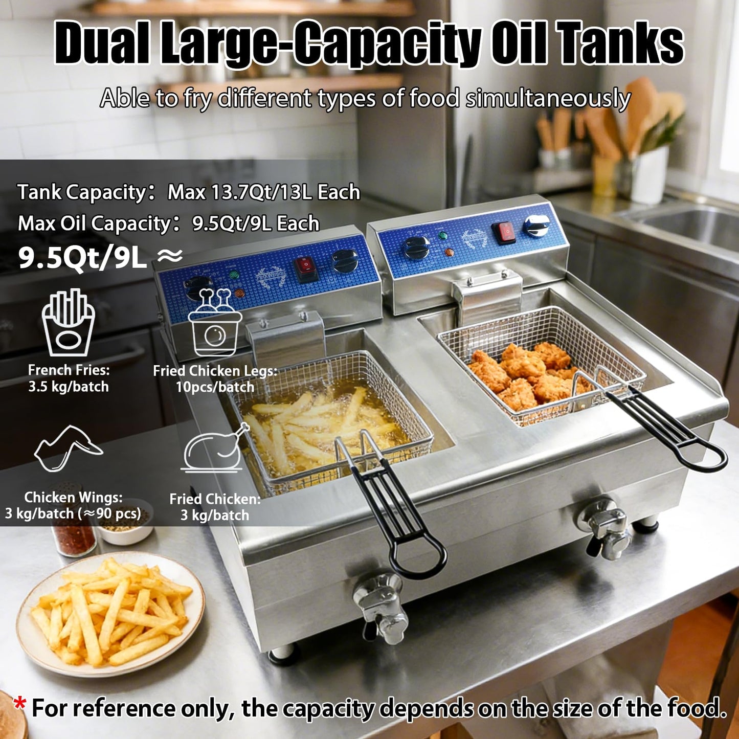 26L/27.4QT Commercial Deep Fryer with Oil Filtration and Timer, 120V Electric Deep Fryer with 2 Baskets and Lids, Countertop Commercial Fryer for Restaurant 3500W