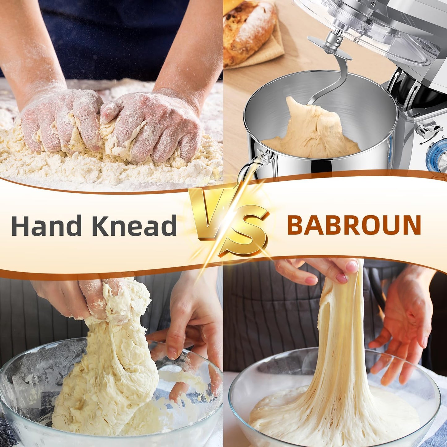 Babroun Dough Mixer 8.45 QT Electric Mixer - 660W 6 Speed Large Capacity Kitchen Stand Mixer with Whisk Dough Hook Mixing Beater Household Food Mixer for Baking Cakes Cookie Bread Salad(Silver)