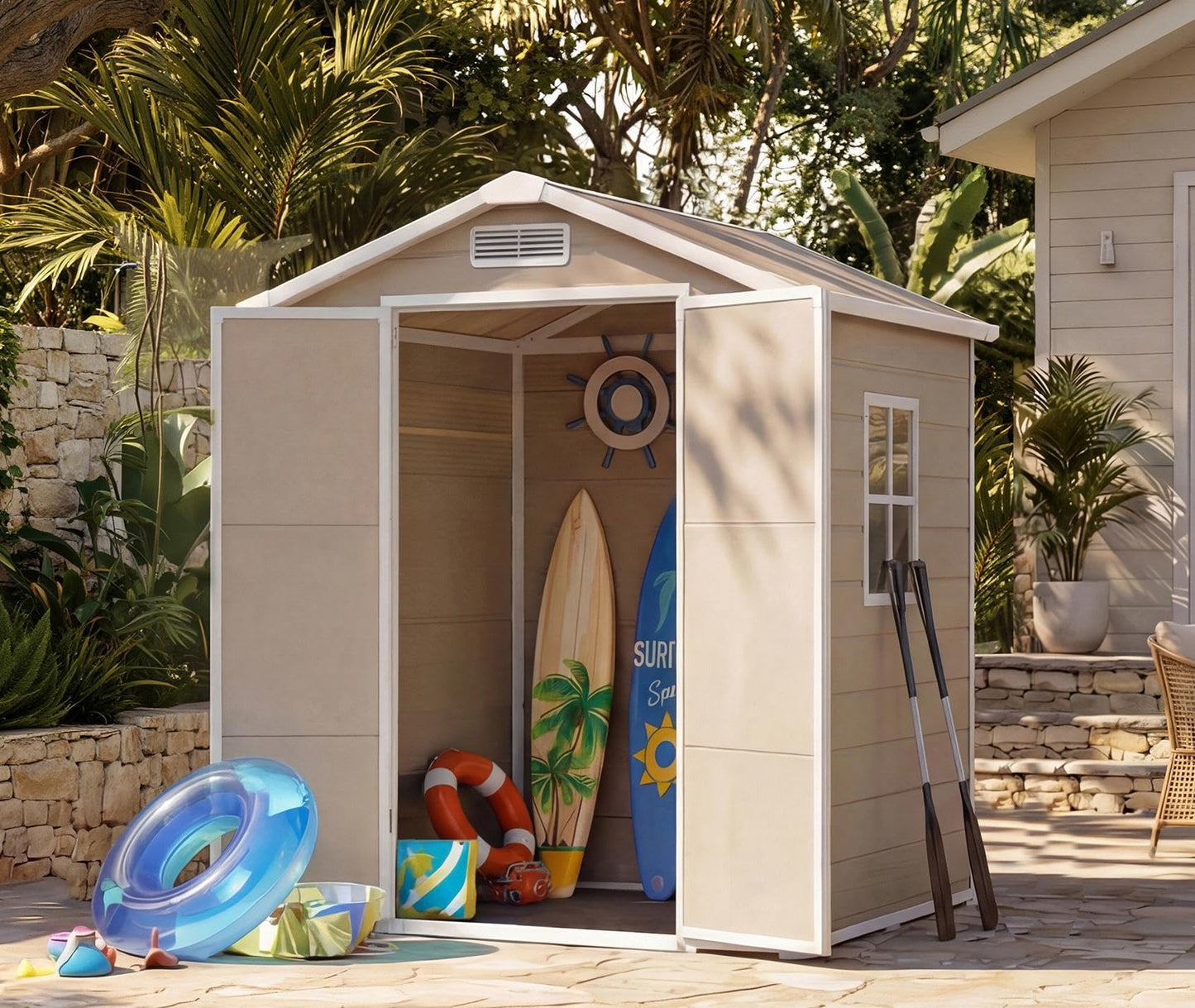 6x4 ft Outdoor Storage Shed with Floor, Plastic Resin Garden Shed with Window & Lockable Door, Tool Shed for Patio, Backyard, Lawn Mower, Bike Storage