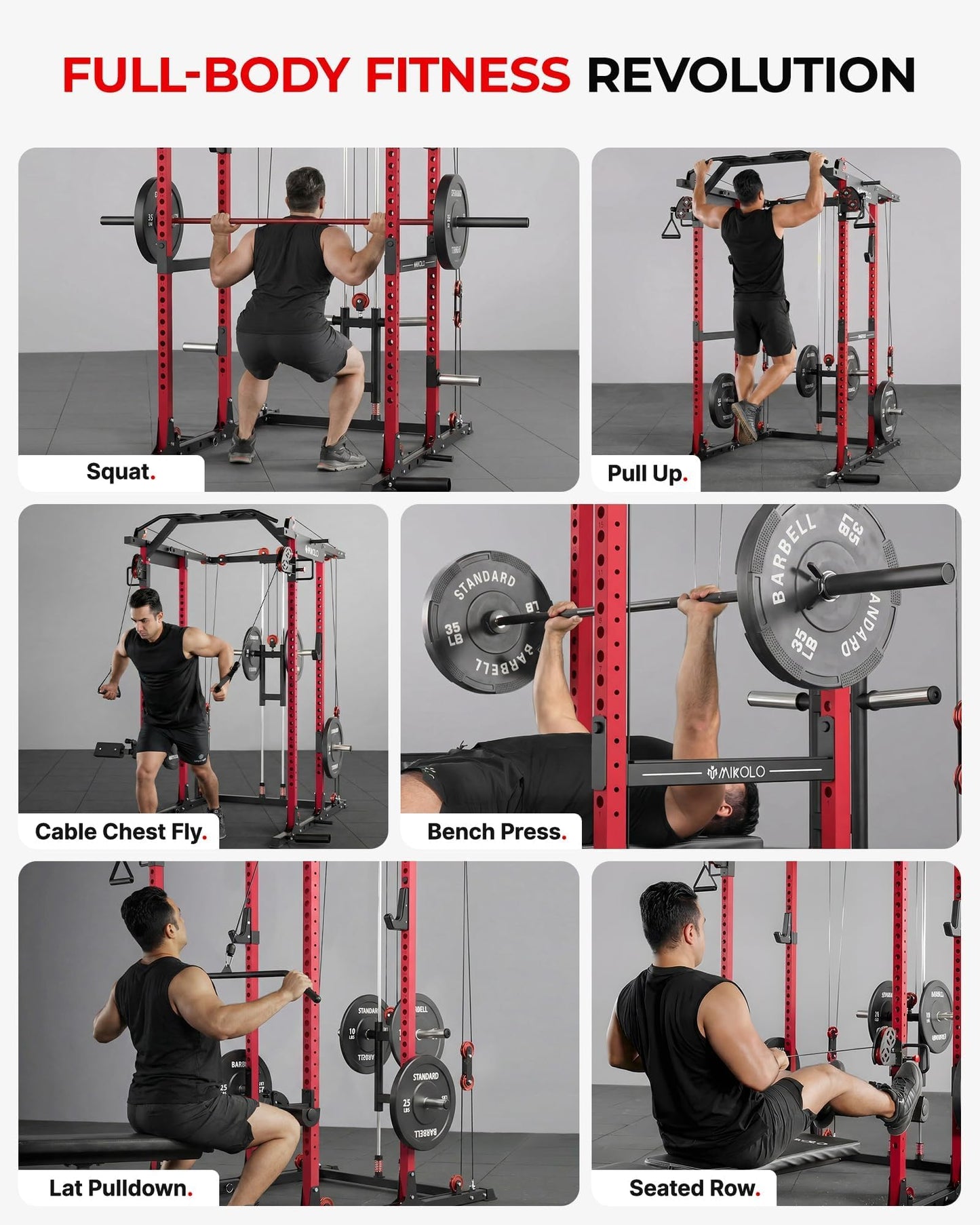 Mikolo K6 2.0 Power Cage, Power Rack with Cable Crossover System, 2000LBS Squat Rack with LAT Pull Down System, Functional Trainer with Aluminum Pulley System for Home Gym, Red