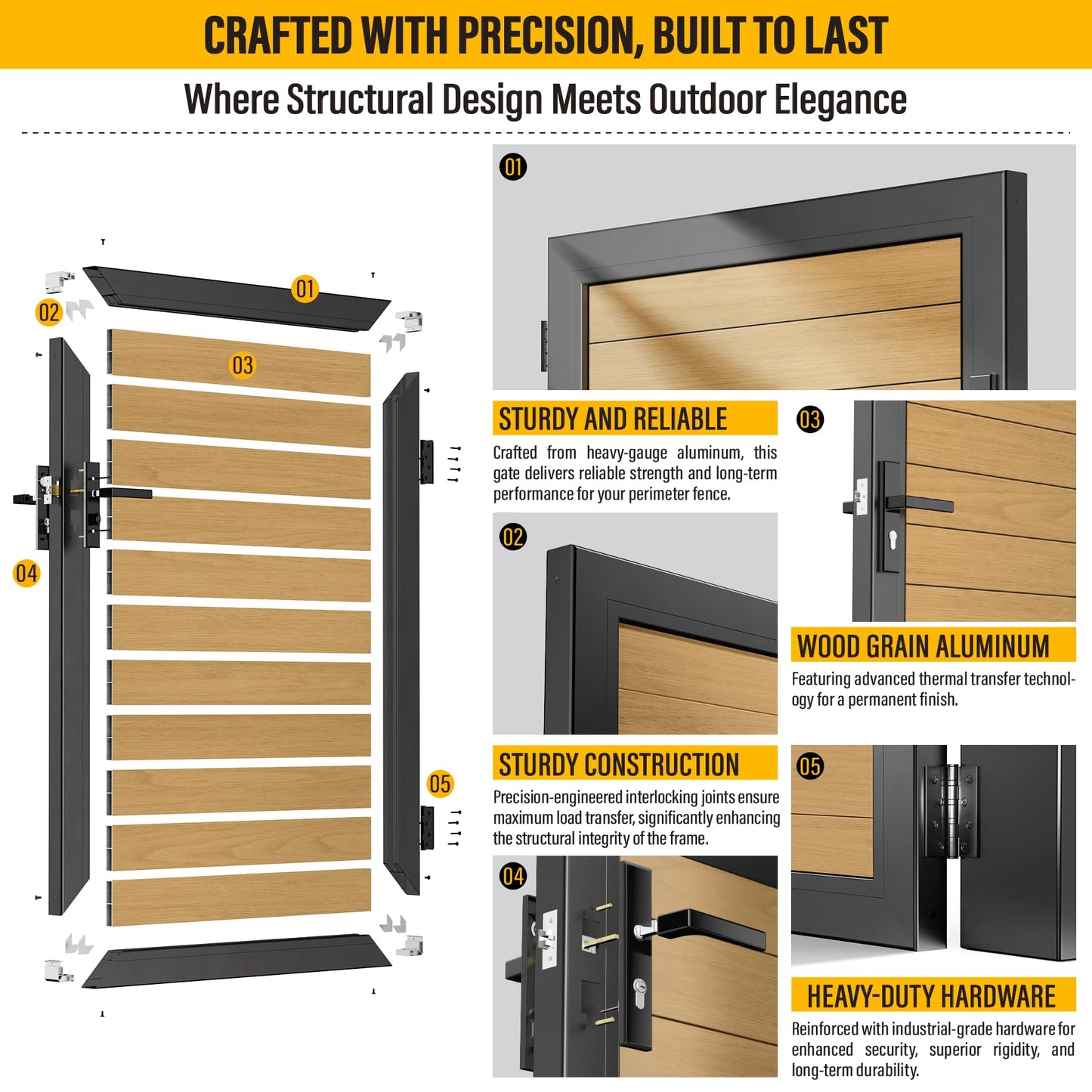 Brukid 3x4 FT Aluminum Fence Gate Kit Wood Grain Aluminum Gate with Decorative Cutout, Lock & Hinges, Left/Right Opening, Weather Resistant for Yard Garden Patio