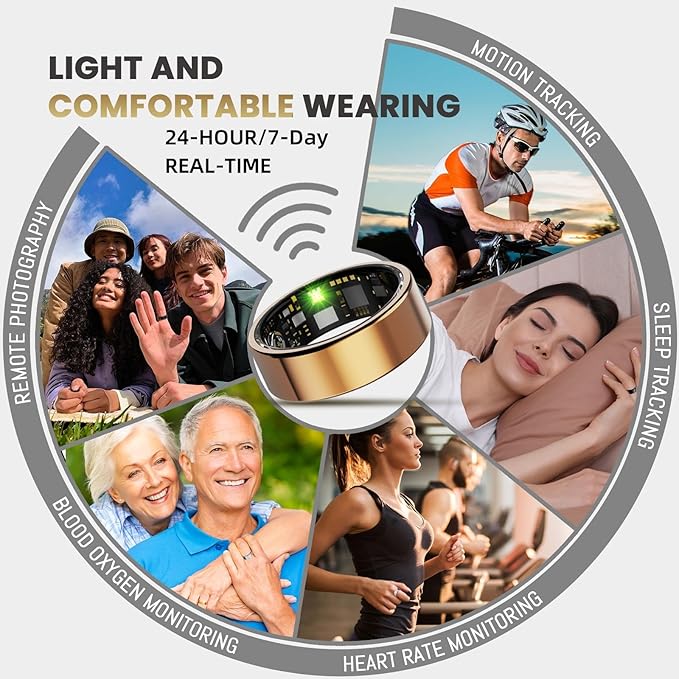 Smart Ring for Women Men, Health Tracker with Heart Rate/Blood Oxygen/Blood Pressure/Sleep Monitor/Step Counting, IP68 Waterproof Fitness Ring, No App Fees for iOS & Android (Rose Gold, 8#)
