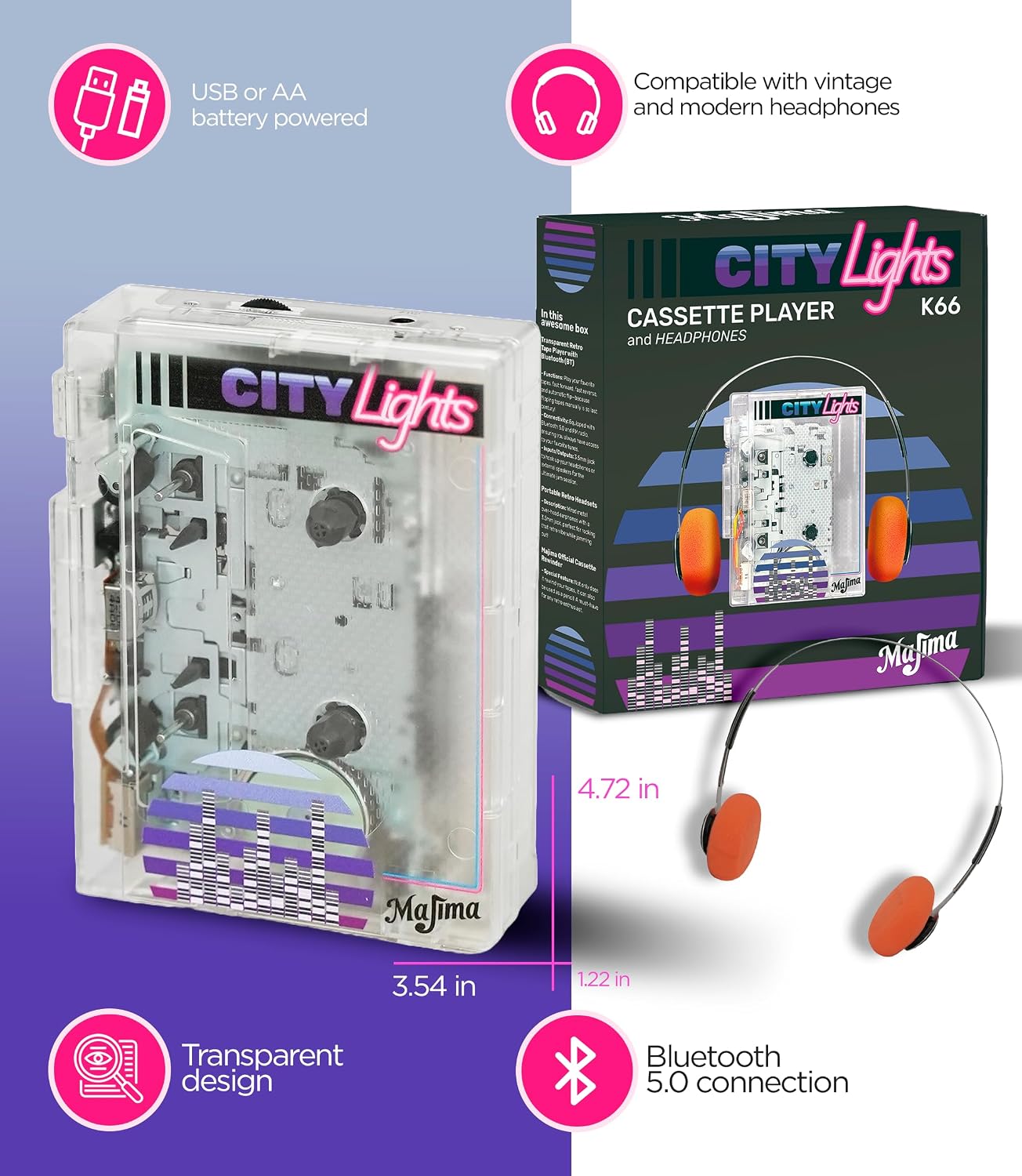 Majima Design Cassette 80s 90s Bluetooth Player with FM Radio Transparent Portable Design Retro Audio Gift Supports USB