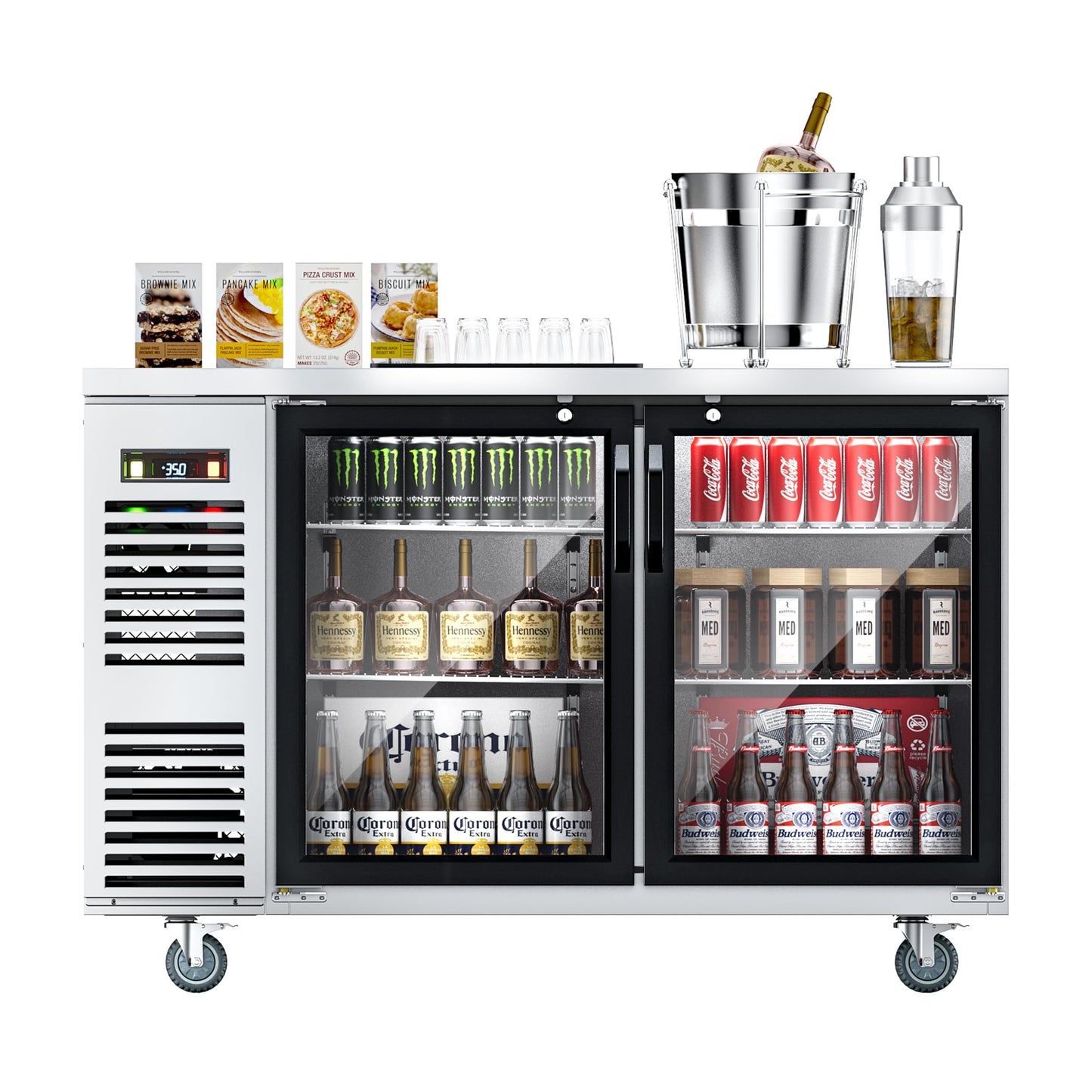 Coolake 19.4 Cu.Ft. Commercial Back Bar Cooler, 60” Stainless Steel Top Counter Height Back Beverage Refrigerator, 33-41℉, 2 Glass Doors Beverage Cooler for Beer Ales Soda