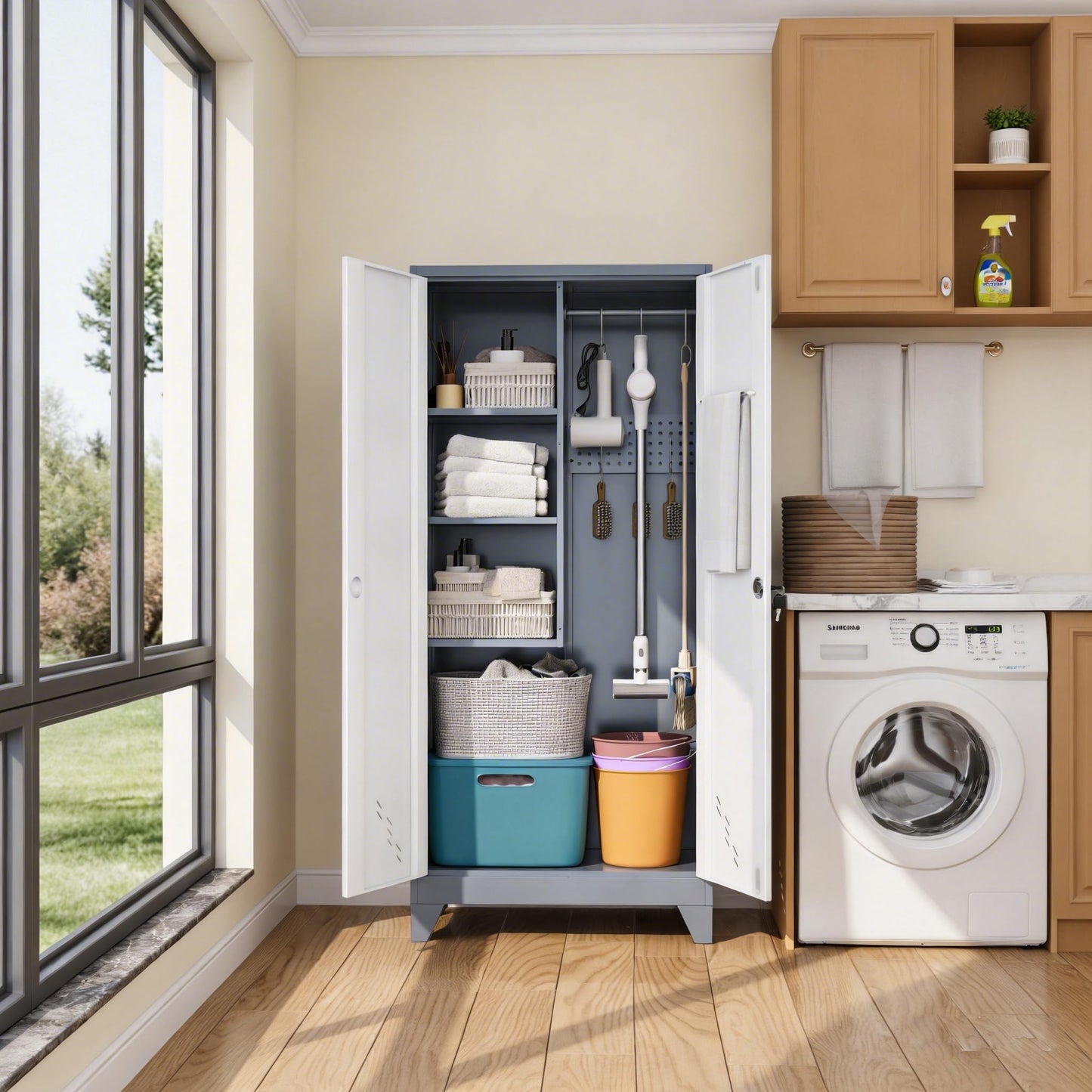 OSKEBABO Broom Closet Storage Cabinet, Garage Storage Cabinet with Pegboard & Hanging Rod, 61" H Metal Utility Cabinet with Lockable Doors for Garage, Laundry Room, Home Office, Gray and White