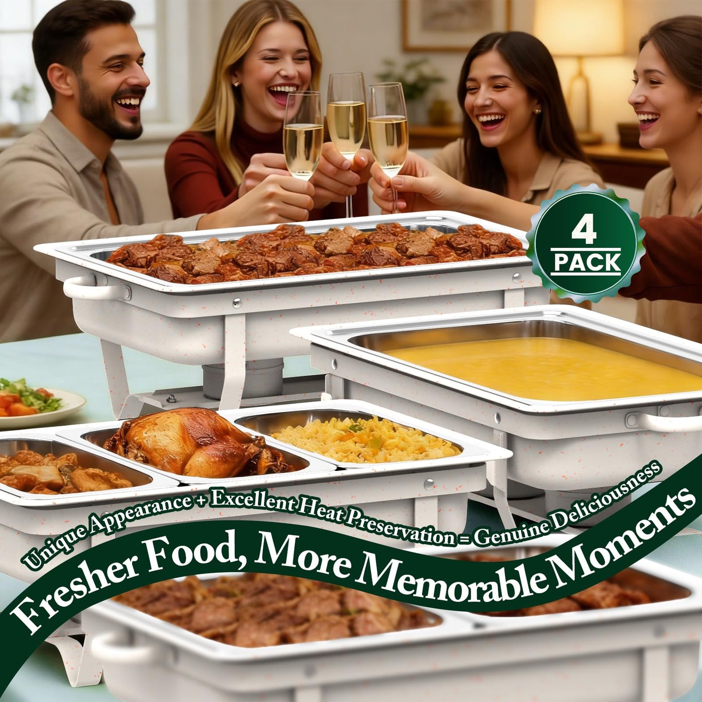 Amhier Chafing Dishes for Buffet 9Qt 4 Pack [Multi-Size Food Pans] Stainless Steel Chafing Dishes [Sturdy and Durable] Chafing Dish Buffet Set for Weddings & Parties & Festival, White