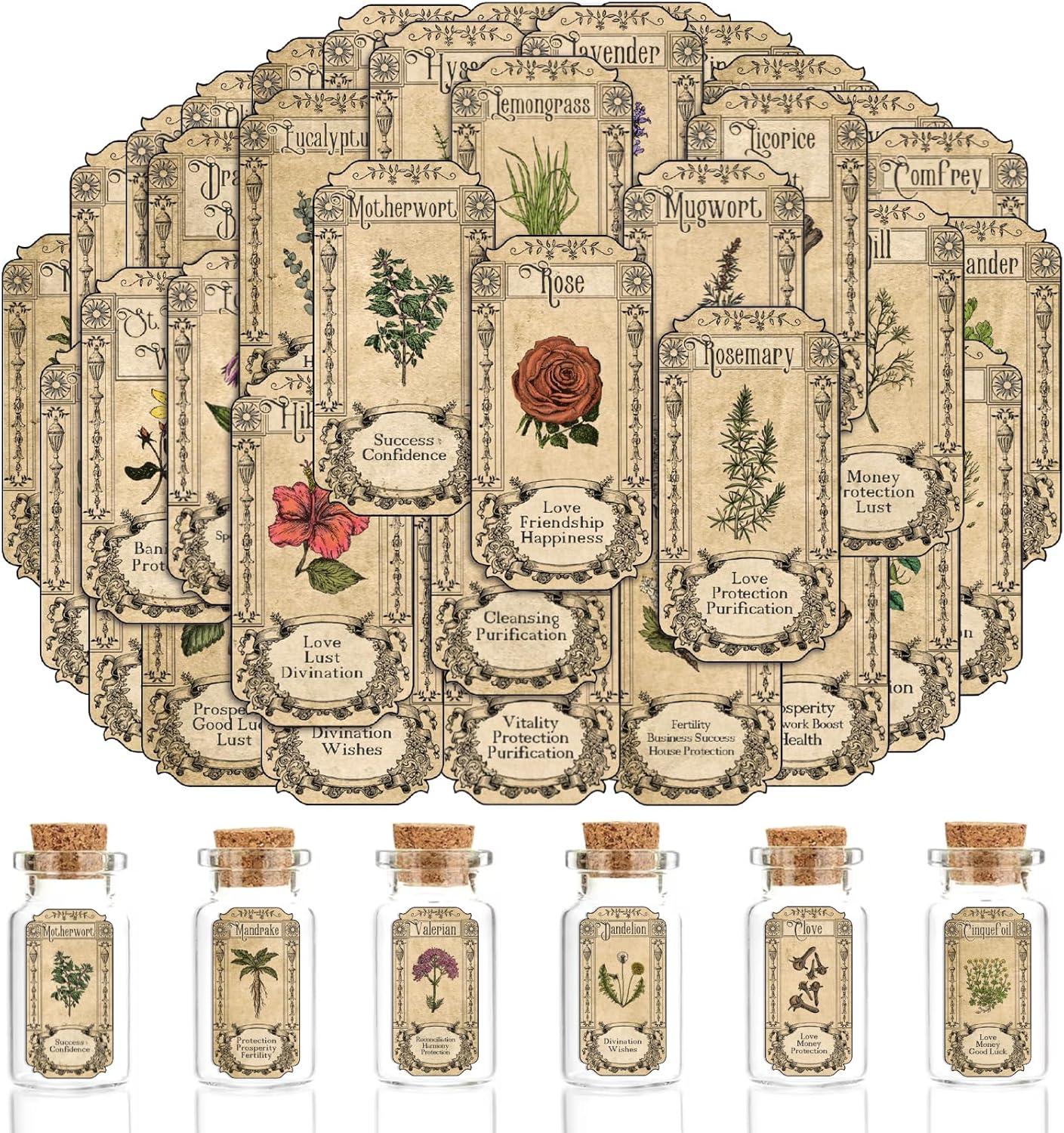 Skiennix 72Pcs Vintage Herb Stickers - Apothecary Spice Labels for Jars & Bottles