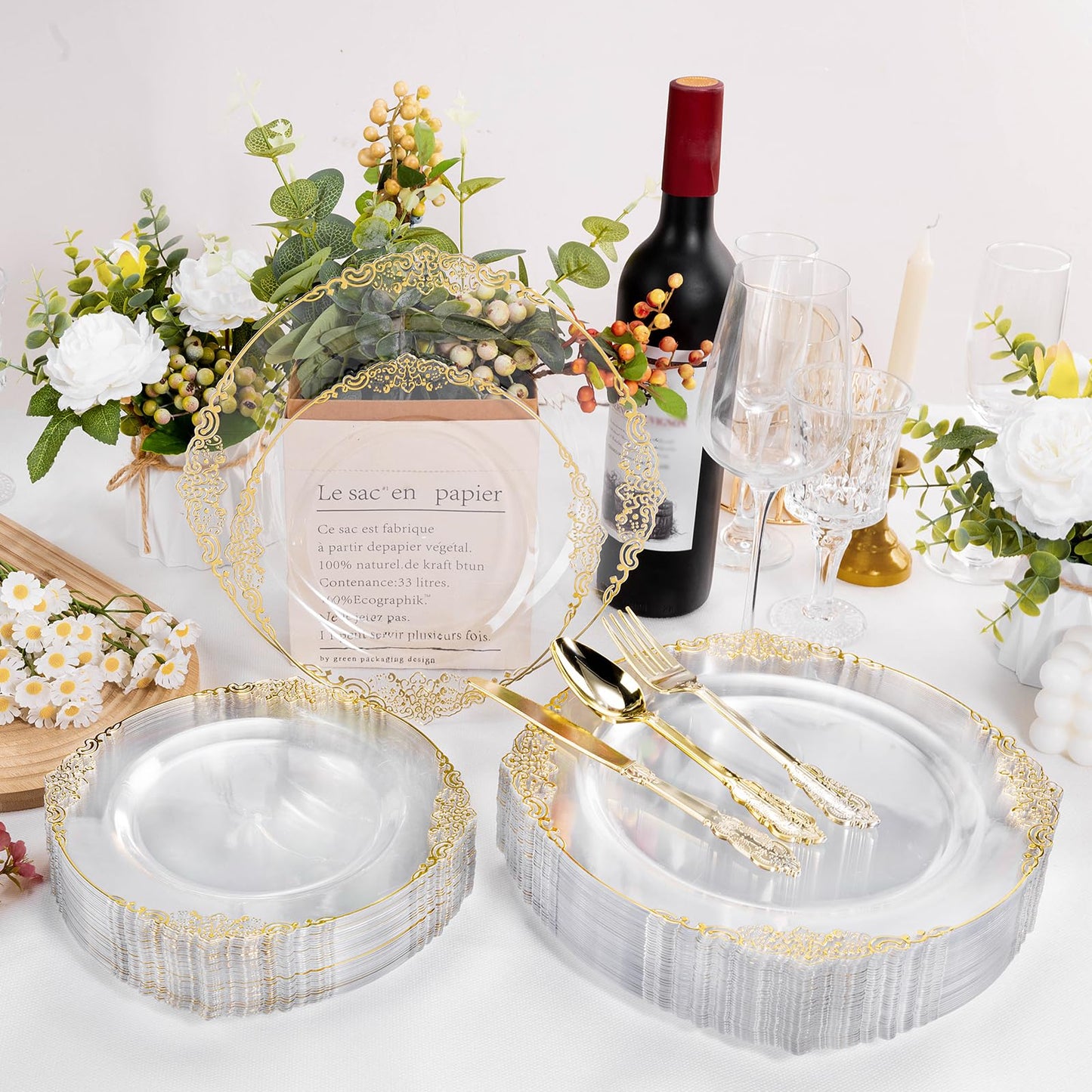 Bestluck 100 PCS Clear and Gold Plastic Plates for 50 Guests, Clear Disposable Plates Include 50 PCS Dinner Plates, 50 PCS Dessert Plates for Party, Wedding