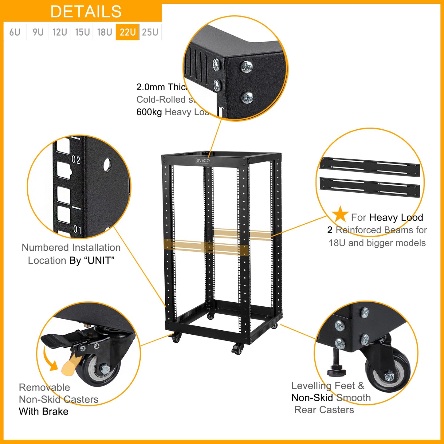 RIVECO 22U Open Frame Server Rack with Wheels- Heavy Duty 4 Post Quick Assembly 19-inch, Stereo Rack Rolling Network Shelf Black