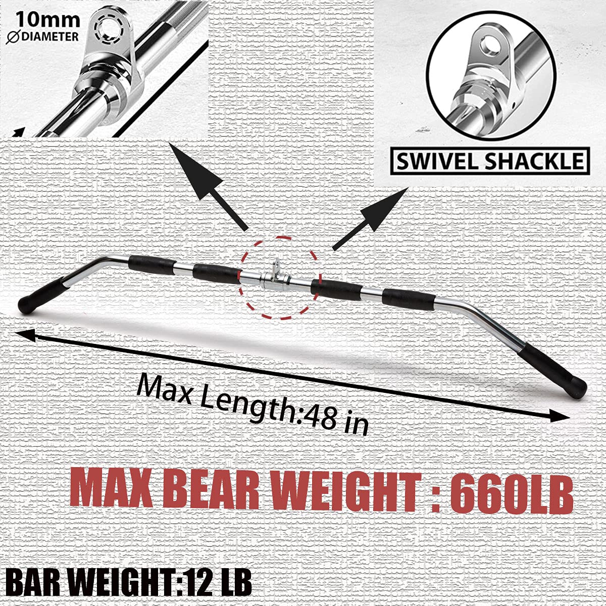 LAT Bar Cable Attachment with Rubber Handgrips, Deluxe Heavy Duty Solid Curl Bar Revolving Hanger Home Gym Cable Attachments (48 in Lat Bar)