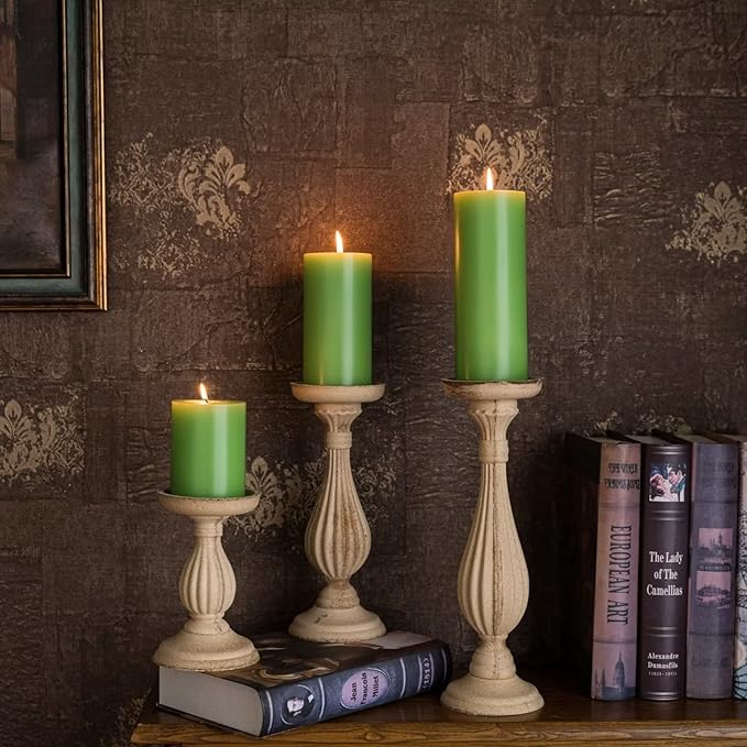 MOZEAL 3" x 4" Hand-Poured Unscented Candle,Dripless Pillar Candle Set of 3,Long Clean Burning,Approx 72 Hours Burn Time,Rustic Country Style,Wedding,Dinner,Christmas and Home Decor,Green