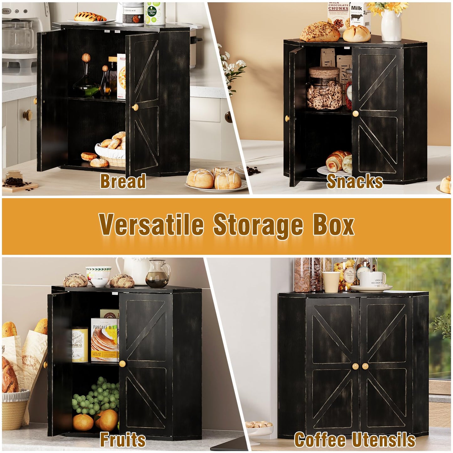 Trironsun Corner Bread Box for Kitchen Counter Double Layer Bamboo Bread Storage Container Large Capacity Bread Storage Bin Farmhouse Breadbox Organizer (Antique Black)