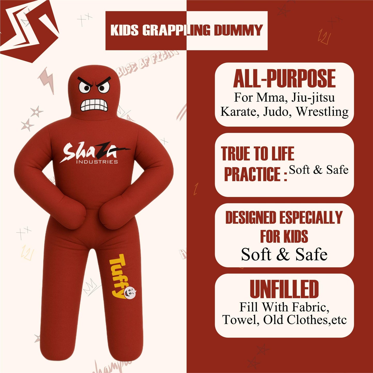 Shaza Toffy Youth Wrestling Dummy, Unfilled Canvas Training Partner, Kids Combat Practice Equipment (Red)