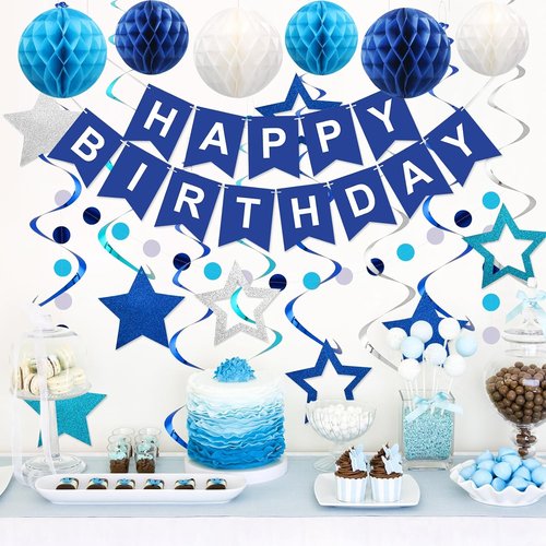 Meowtastic Birthday Decorations - Happy Birthday Banner with Honeycomb Balls & Stars | Blue Party Decor