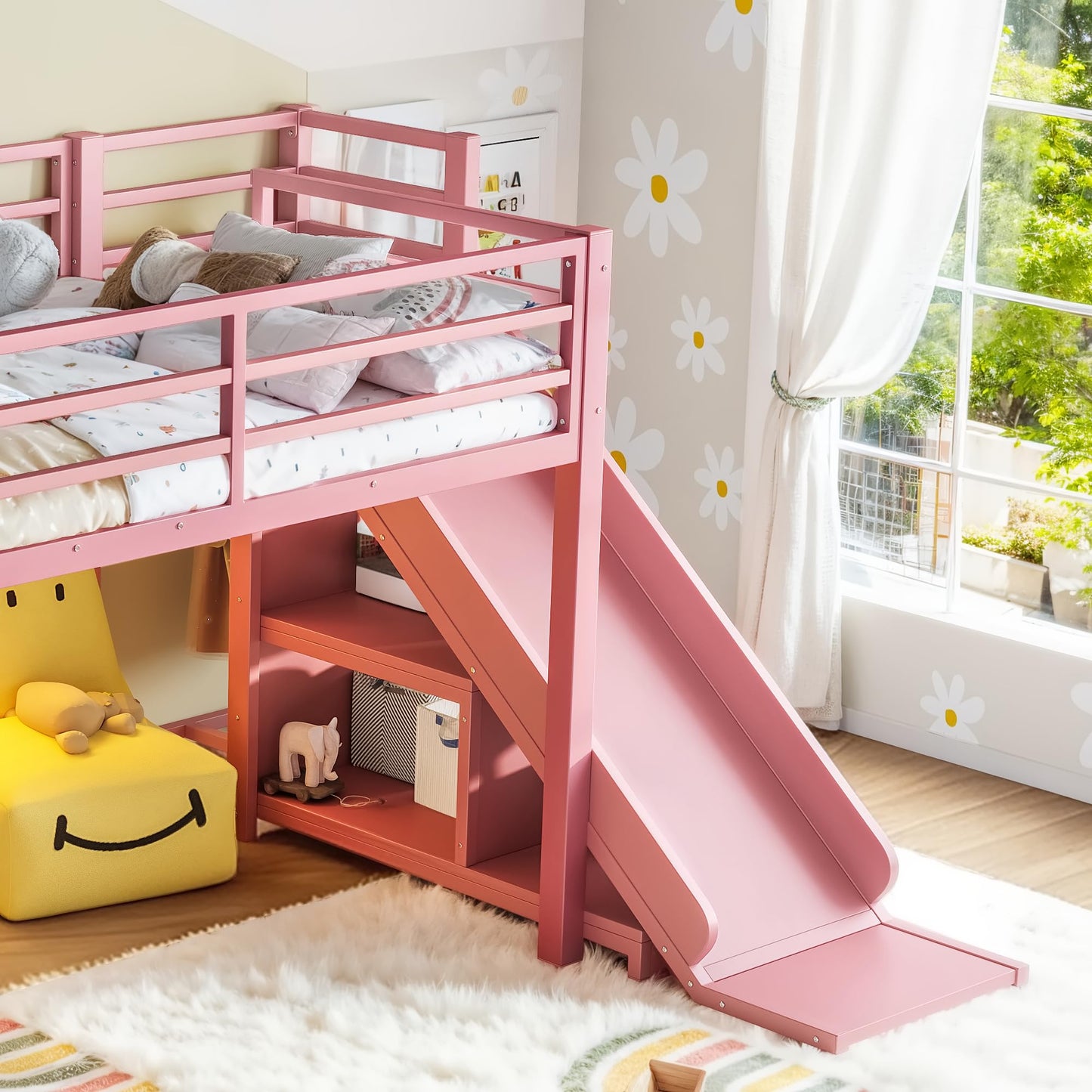 KEIKI Twin Size Metal Loft Bed Frame with Slide & Ladder & Non-Woven Fabric Drawer & Shelves & Hanging Area, Multi-Storage Loft Bed with Slat, No Box Spring Required, Easy Assembly, for Bedroom, Pink