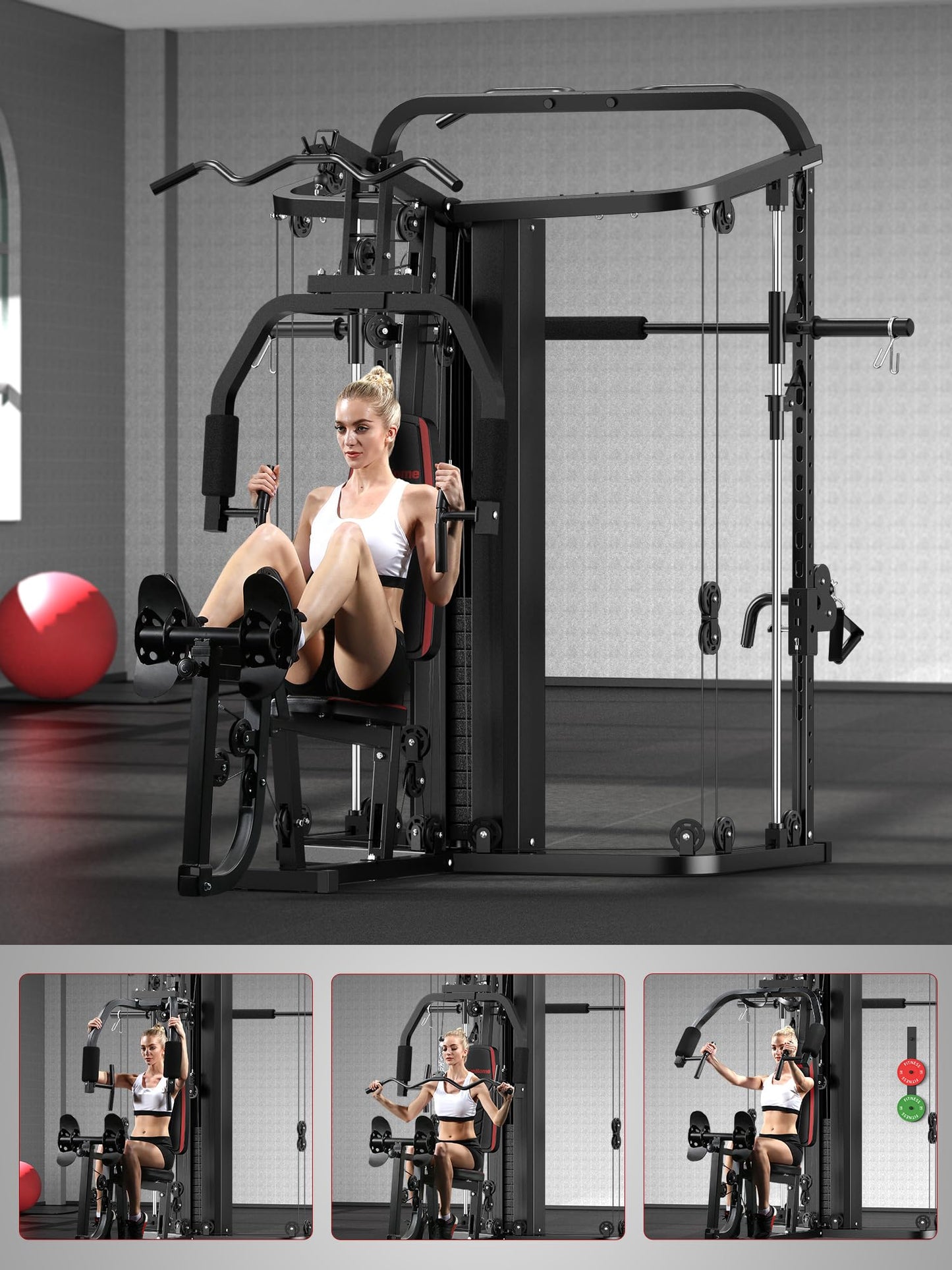 SunHome Multifunction Home Gym Equipment Workout Station, Smith Machine with 138LB Weight Stack and Bench, Leg Press, LAT Station for Full Body Training